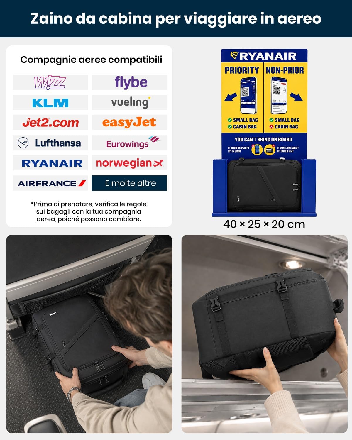 Detalle de KONO Zaino Ryanair 40x20x25: zaino da viaggio 40x20x25 cm con apertura 180° e tasca frontale nascosta