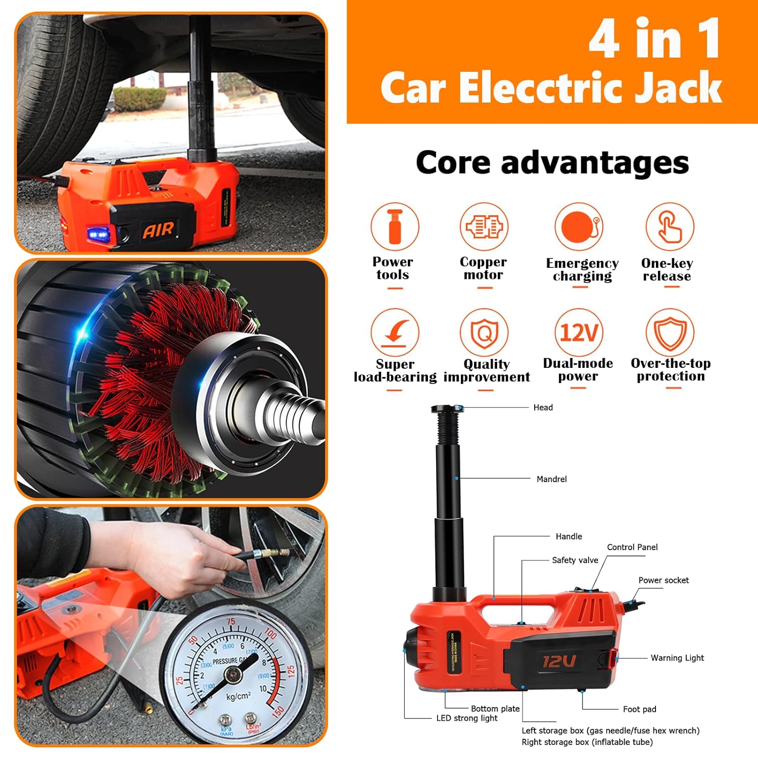 Detalle de Auto Cric idraulico 5T 12V: kit 4 in 1 con pompa e luci LED per emergenze