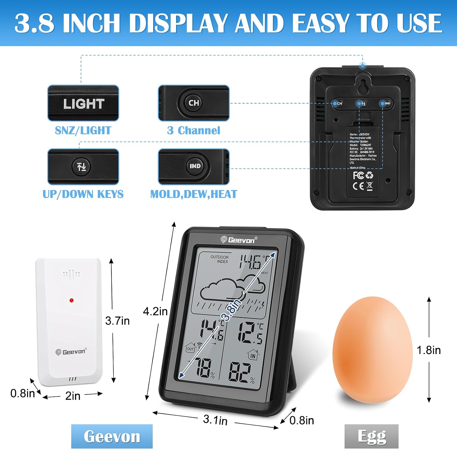 Thumbnail 1 de Geevon Indoor Outdoor Thermometer Hygrometer with 3 Sensors – 200ft Range, Mould Alerts, HD Display (No App)