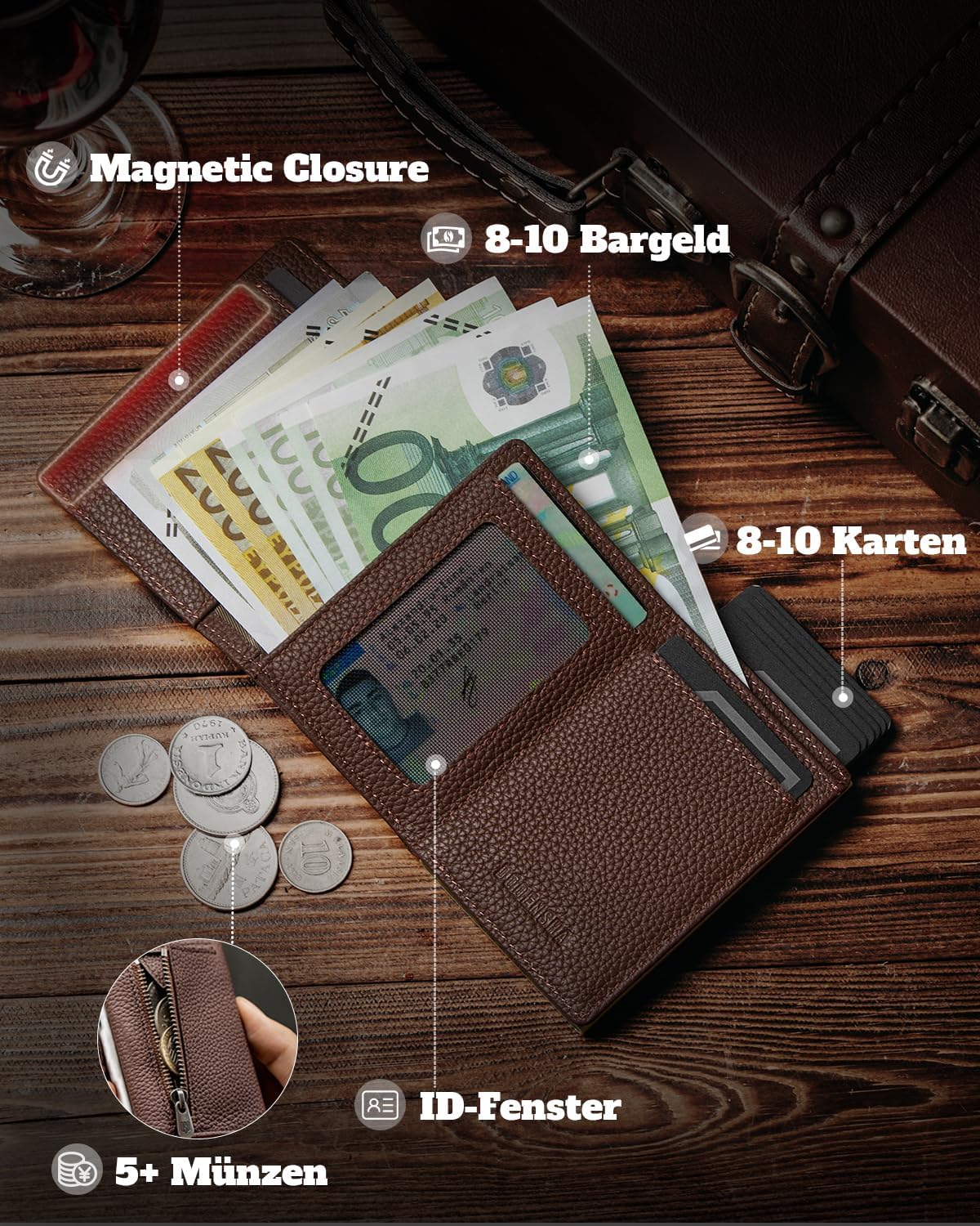 Thumbnail 3 de DODENSHA MagSnap Pebble Geldbörse mit Münzfach, Slim Wallet inkl. RFID-Schutz – braun-silber