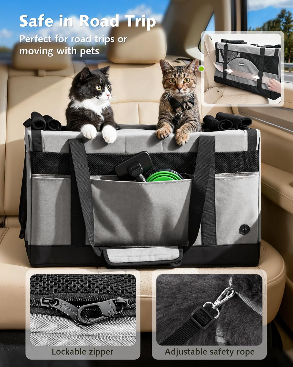 Detalle de Pecute sac de transport pliable pour 2 chats avec cadre ultra stable (gris)