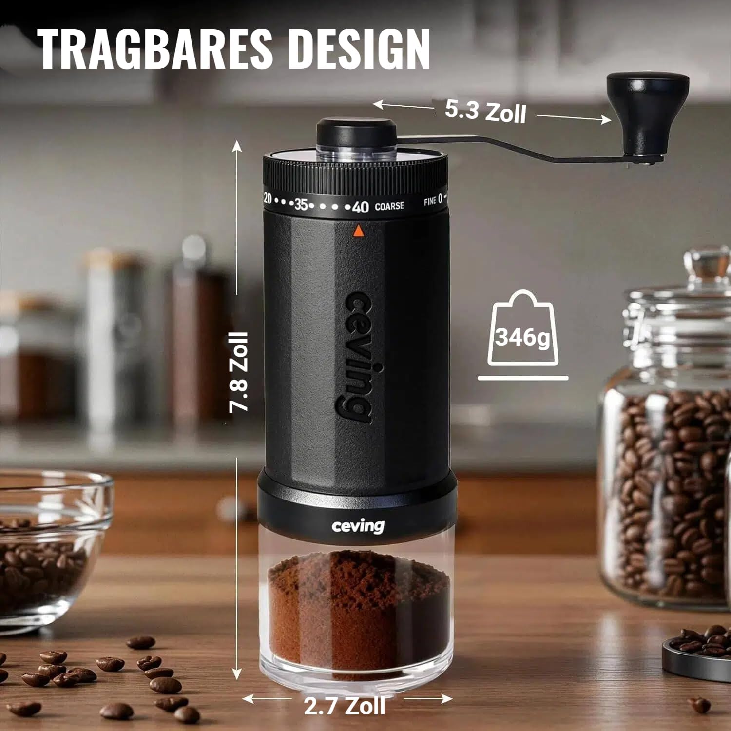 Detalle 2 de CEVING Weltweit Erster Manueller Kaffeemahlwerk mit 60 g Kapazität – Keramik-Kegelmahlwerk, 40 Stufen, tragbar
