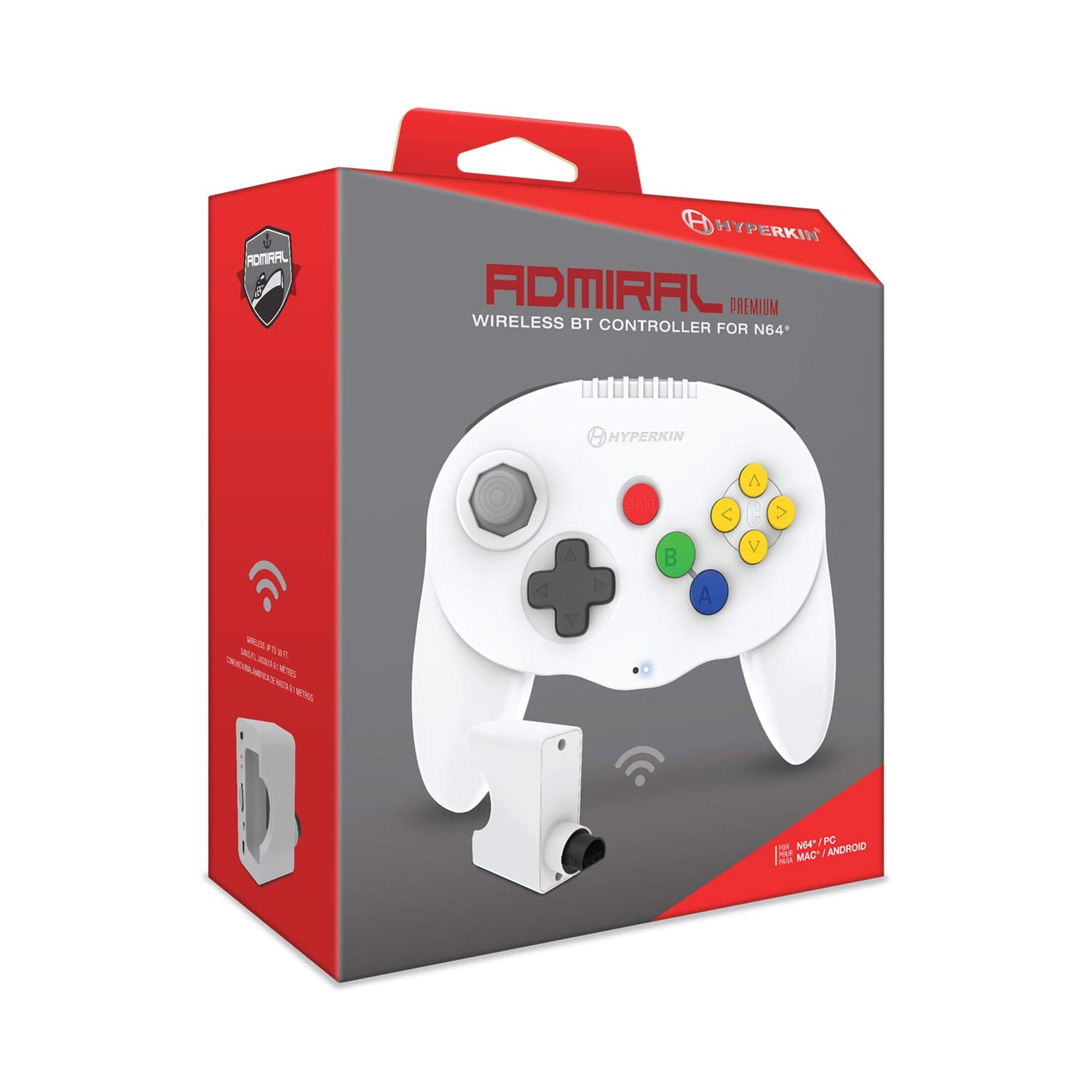 Detalle de Hyperkin Admiral M07389-WH Wireless N64 Controller, White, Bluetooth, 16 Buttons