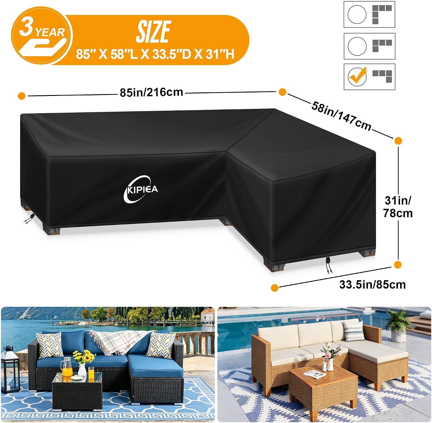 Detalle de Kipiea 216x148x85x78cm L-Shaped Sectional Cover, 420D Oxford, 6 Buckles