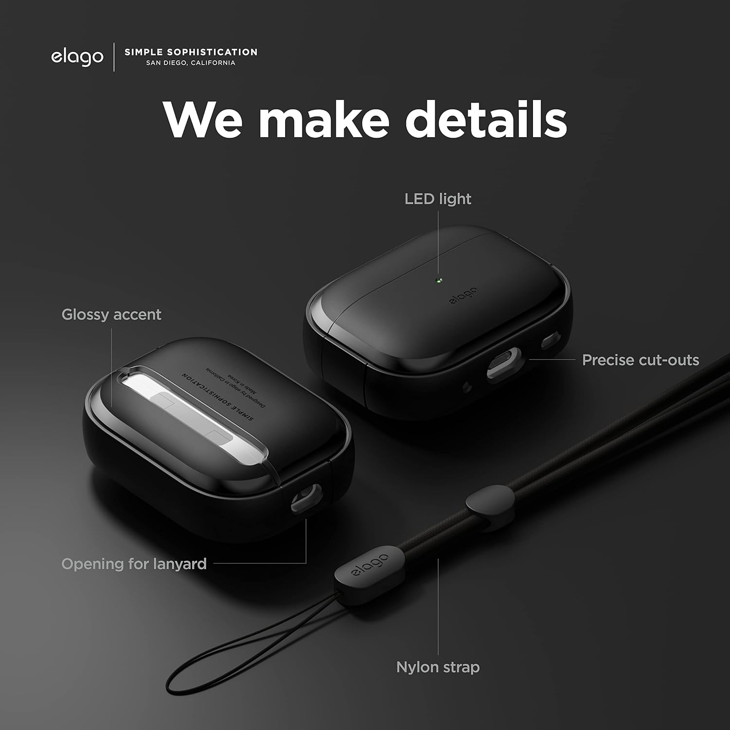 Detalle de elago EDC coque compatible AirPods Pro 2 : étui TPU absorbant les chocs avec courroie (noir)