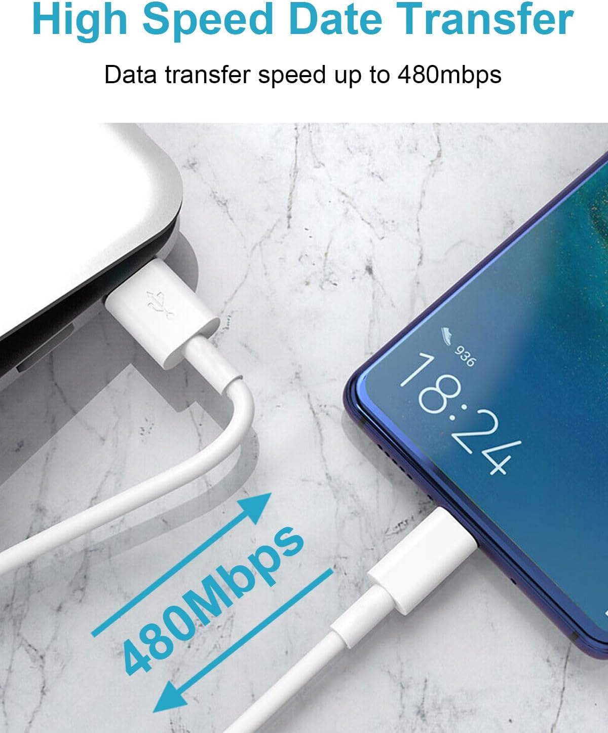 Detalle de Chargeur USB rapide 18W avec câble USB-C 2 m – Quick Charge 3.0, prise secteur pour Samsung, Xiaomi, Huawei