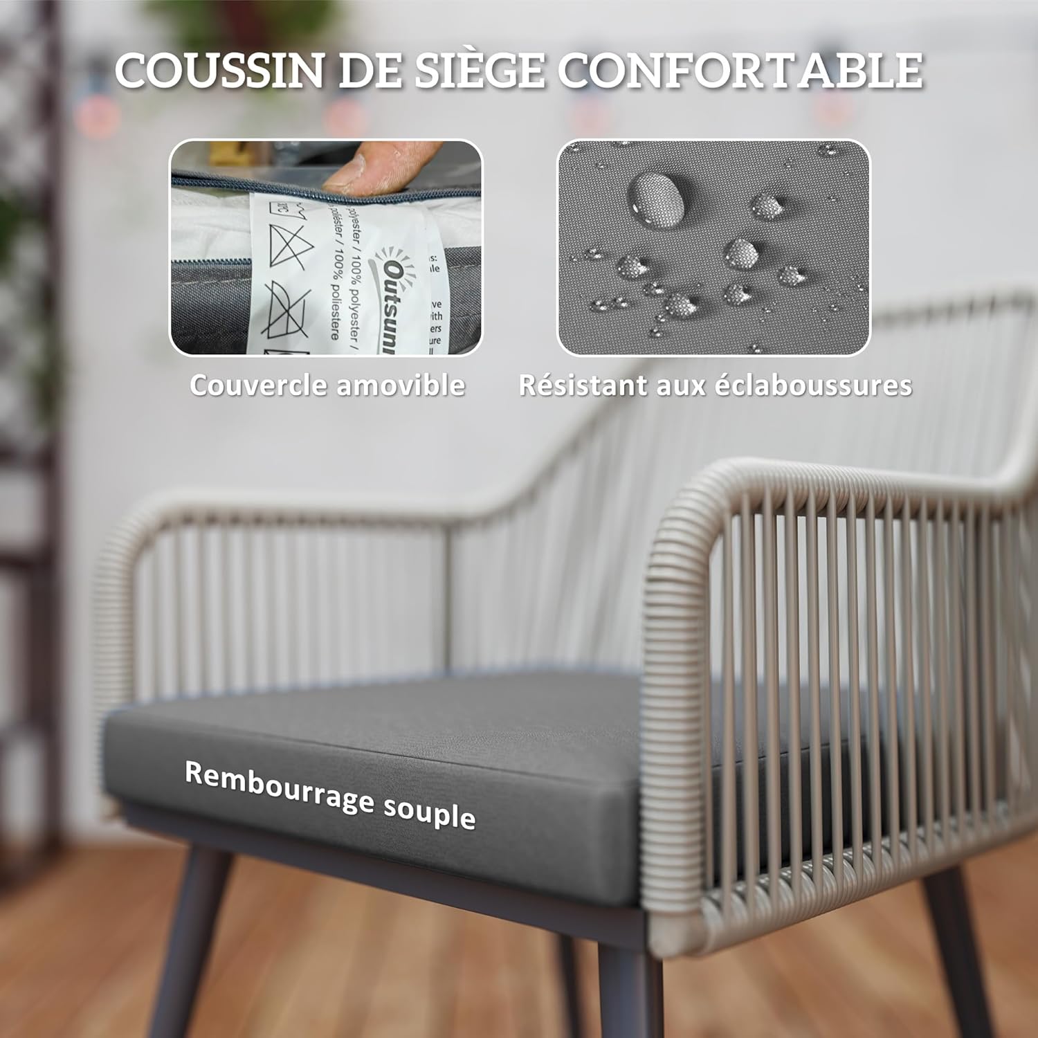 Detalle 2 de Outsunny Salon de Jardin Extérieur en Résine Tressée – Table ronde et 4 chaises avec coussins, Marron