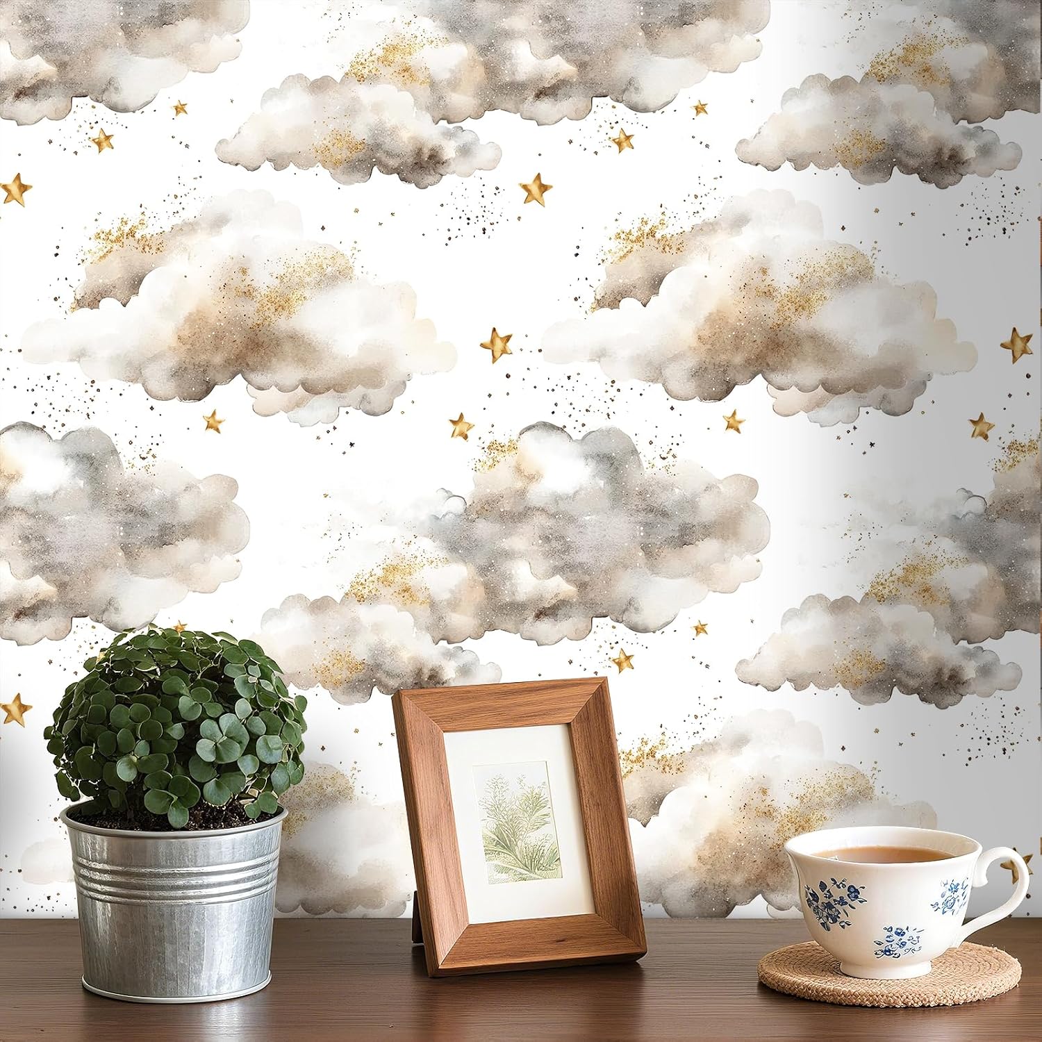 Detalle 2 de FunStick Wolke und Stern Tapete für Kinderzimmer (selbstklebend, abziehbar) in Weiß/Grau, 44,5 cm × 3 m