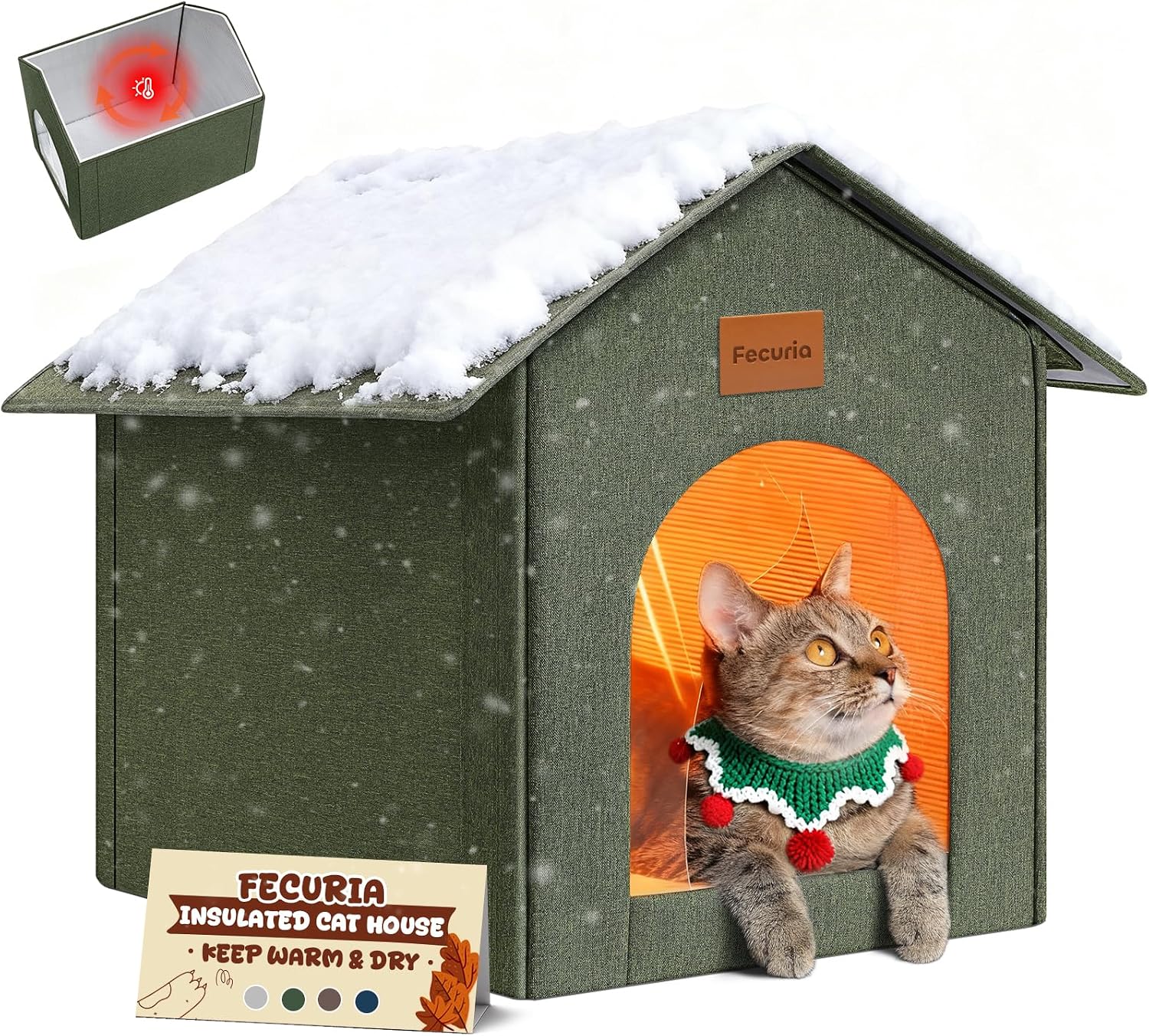 Detalle de Fecuria outdoorcathouse Insulated Outdoor Cat House, Green, Waterproof Oxford Fabric