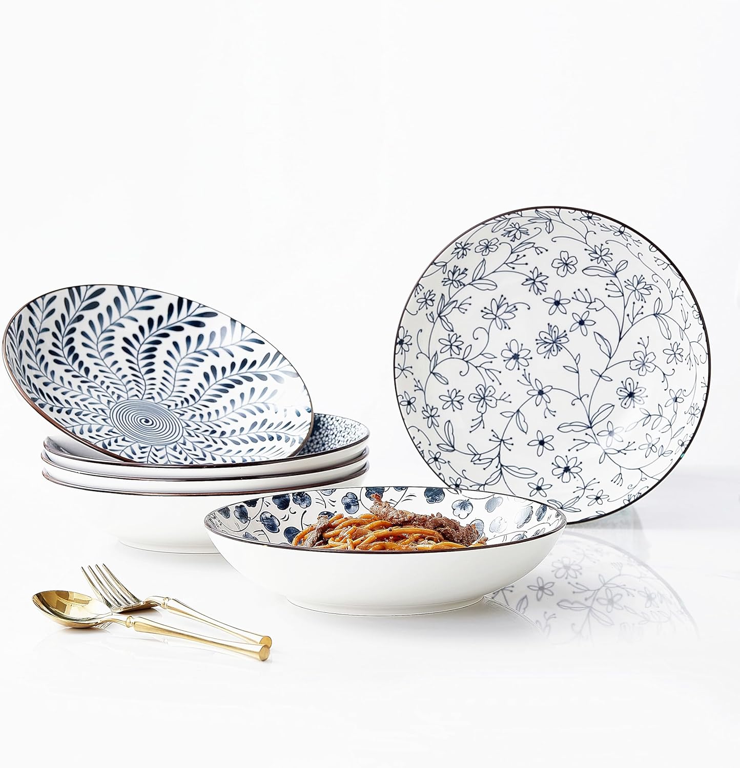 Detalle de Ceramic 1100ml Salad Bowls Set of 6 – 9 inch Blue and White Trifle Bowls for Fruit, Salad and More