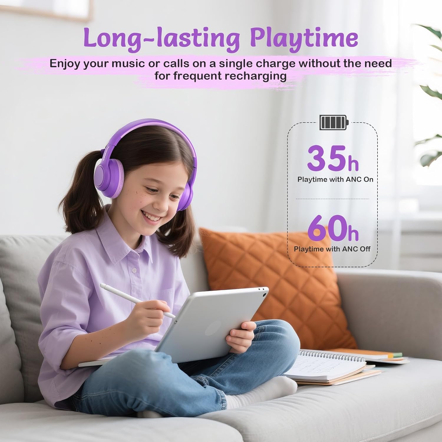 Thumbnail 6 de TONOSHARK Kids Wireless Headphones with Noise Cancelling, Purple
