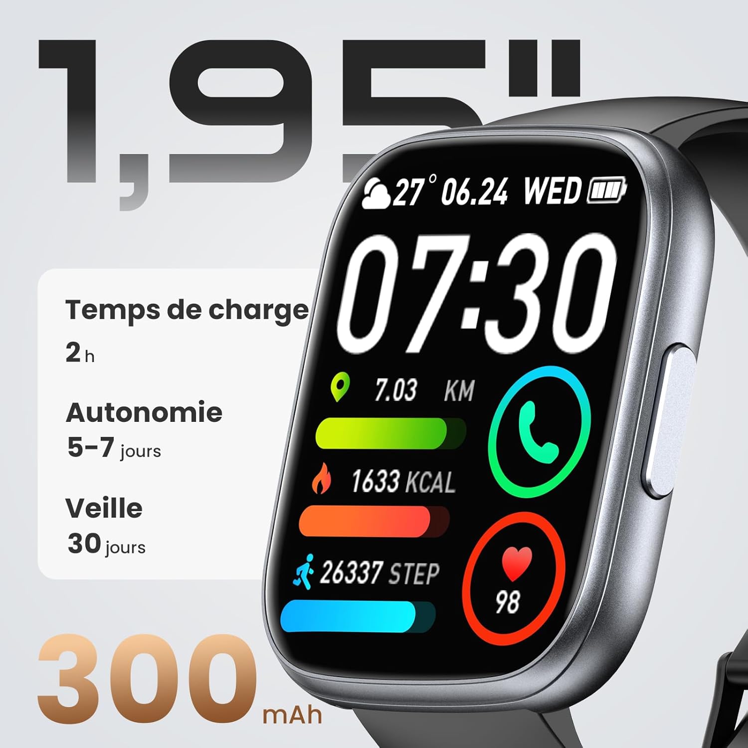 Detalle 2 de CILLSO Montre connectée Homme/Femme 1,95” HD avec appels Bluetooth, cardio, sommeil et 112 modes sport (IP68)