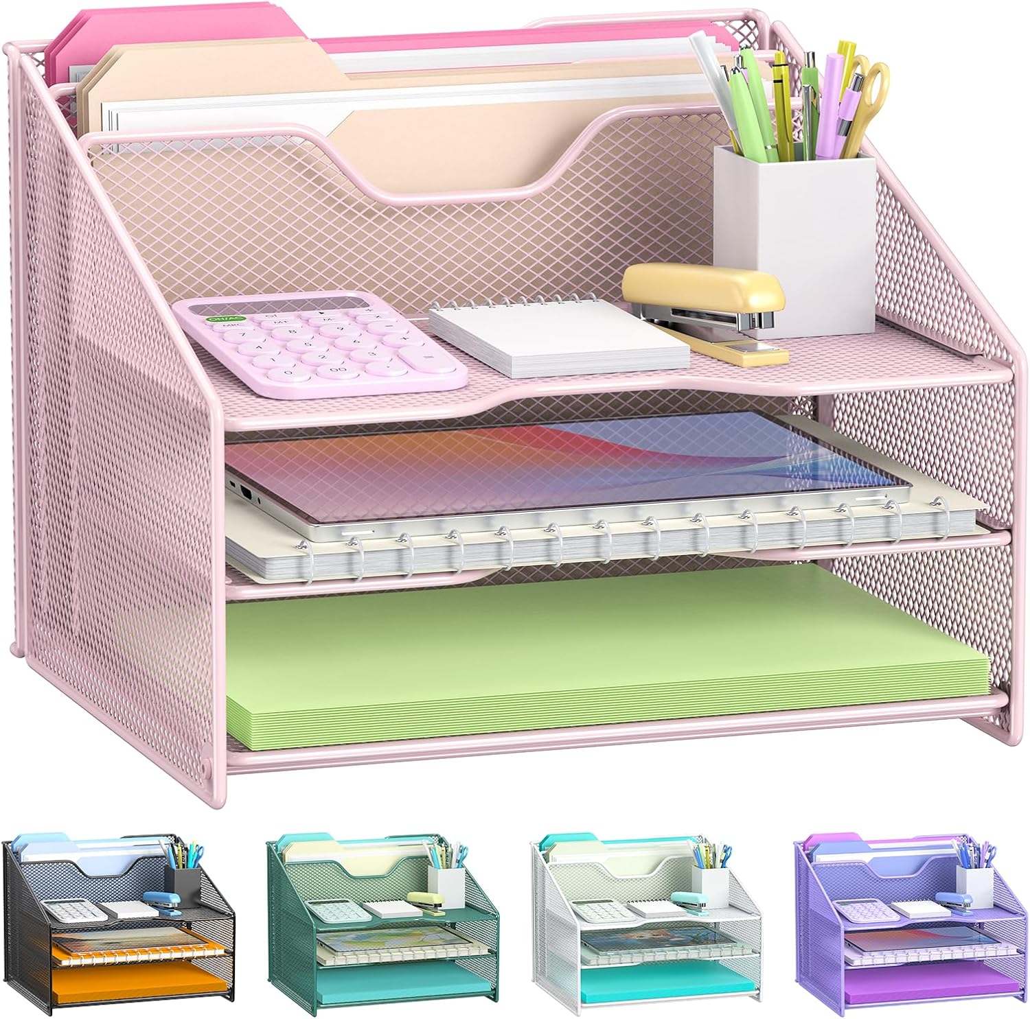 Detalle de Samstar SS-00135 Pink Mesh Desk Organizer with 3 Trays and 2 File Sections