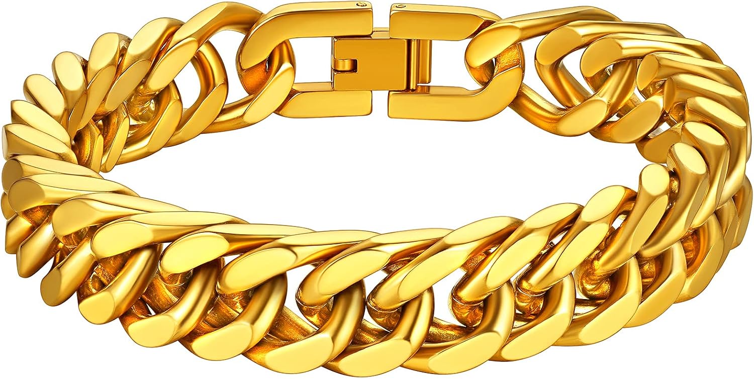 Detalle de Richsteel Herren-Armband aus Edelstahl „Cuban Gliederarmband“ in Silber, Gold oder Schwarz (8/12/17 mm, 19/21/23 cm) mit Geschenkbox