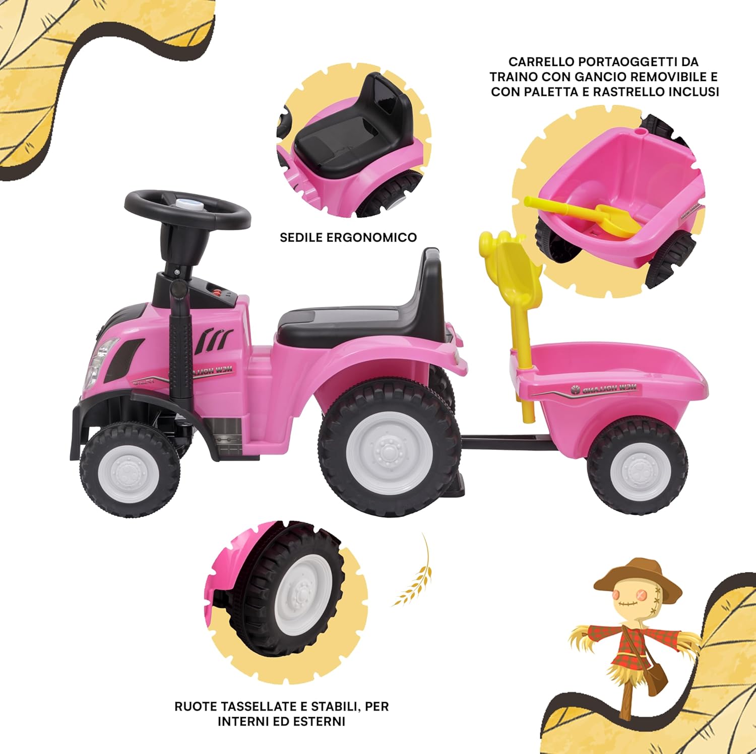 Thumbnail 3 de Baroni Toys Tracteur Ride-On avec remorque pour enfants (12–36 mois), tracteur rose