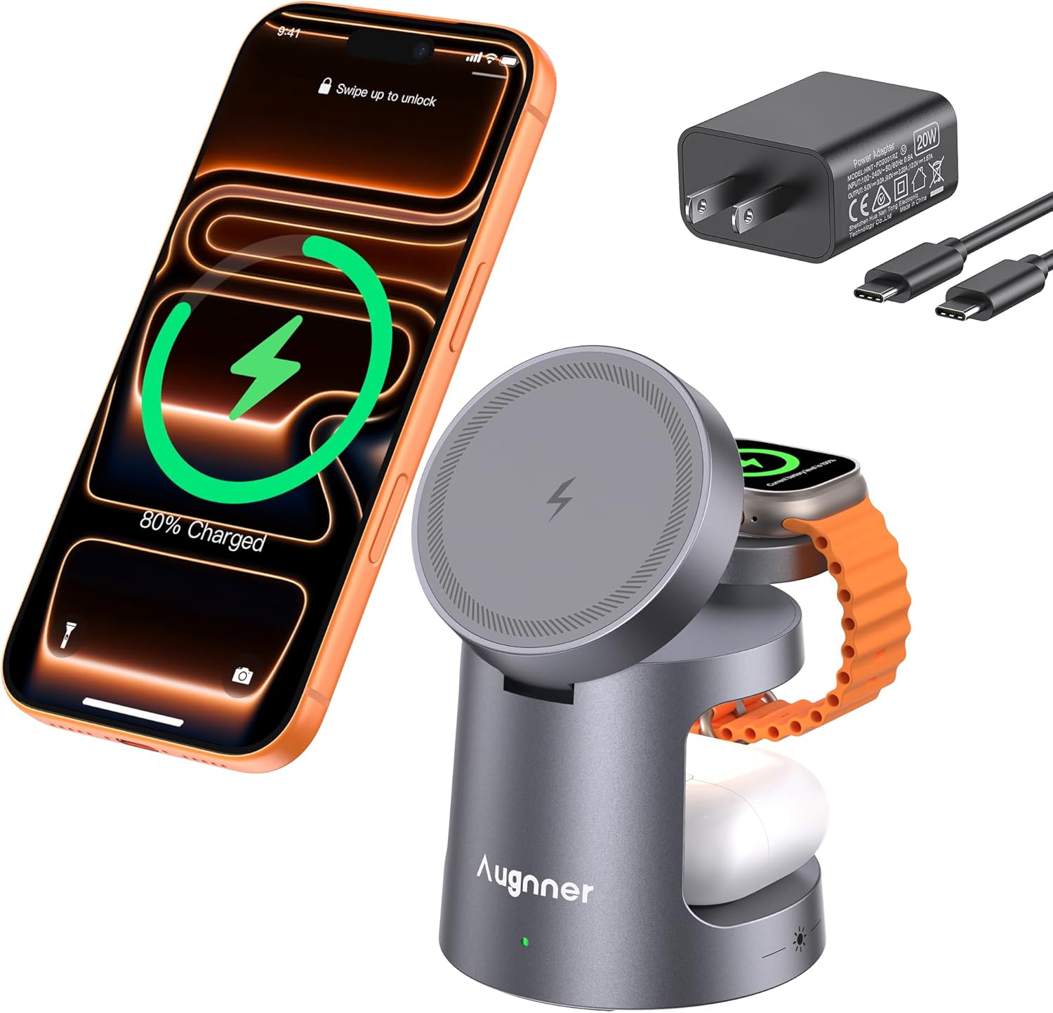 Detalle de Caricabatterie wireless MagSafe 3 in 1: ricarica rapida per iPhone, AirPods e Apple Watch con illuminazione notturna