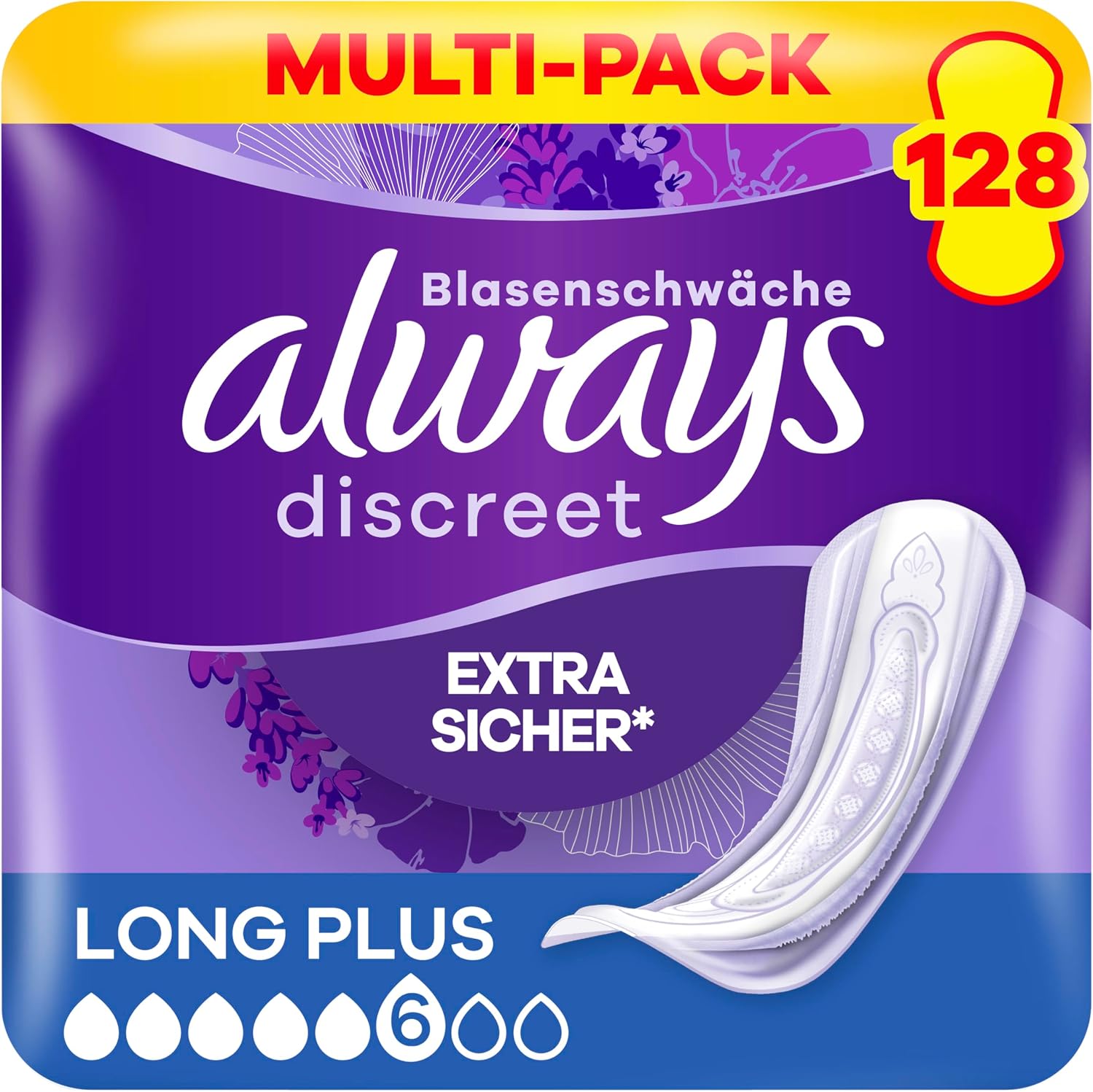 Detalle de Always Discreet Inkontinenz-Einlagen Long Plus 128 Stück 🩲