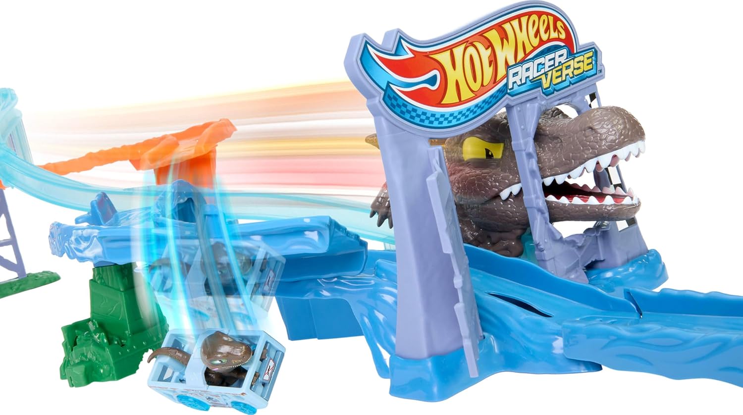 Detalle de Hot Wheels Coffret Carambolages et Collisions RacerVerse Jurassic World avec piste et véhicule miniature (JFP32)
