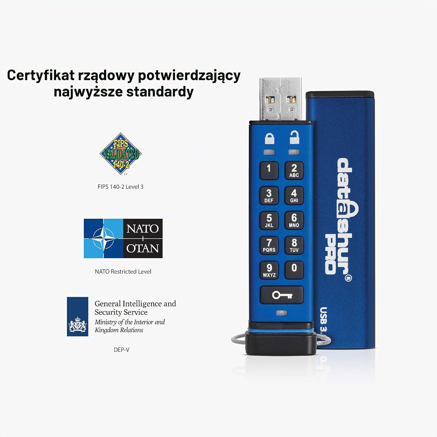 Detalle de iStorage datAshur PRO 64 GB – szyfrowana pamięć USB z PIN-em, AES-XTS 256-bit i IP57