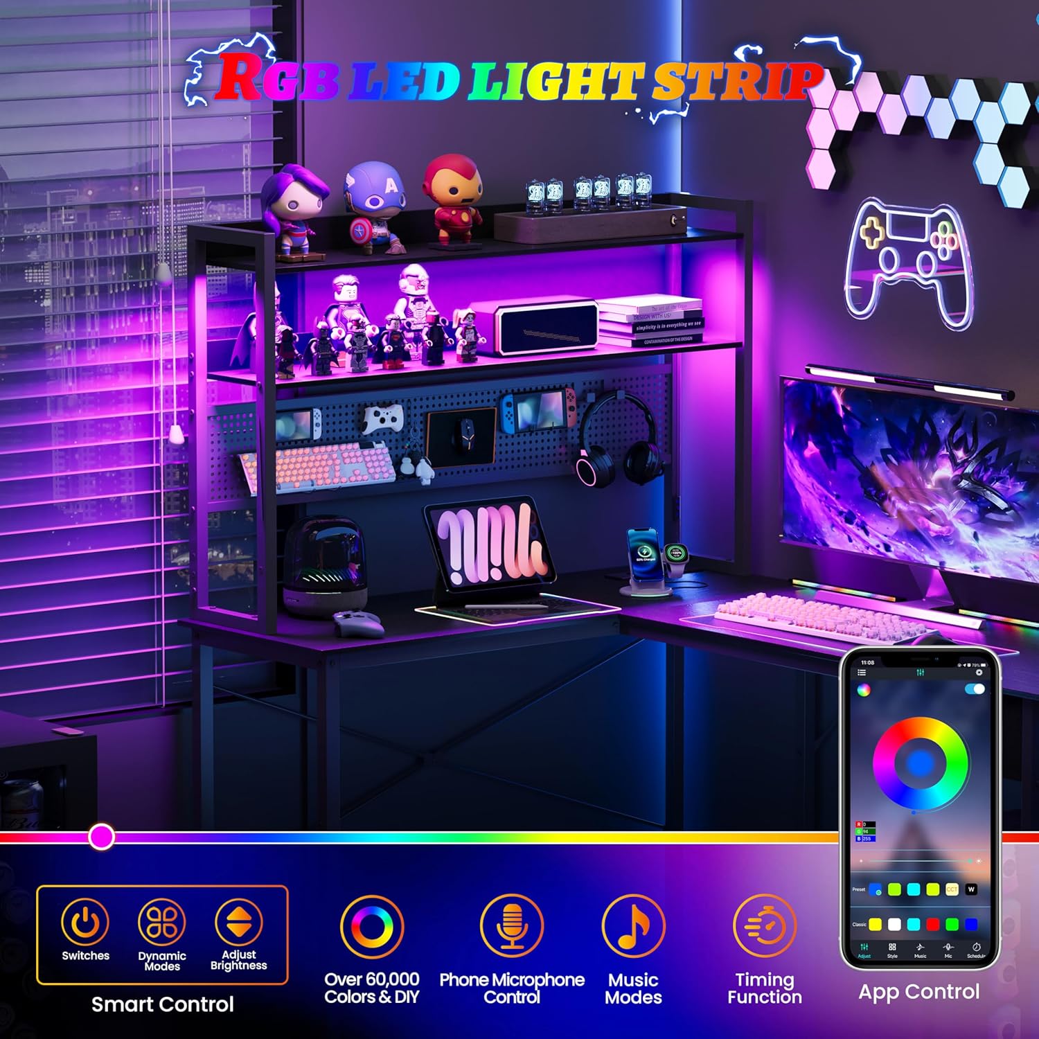 Thumbnail 4 de YOUDENOVA bureau gaming d’angle en L avec panneau perforé, étagère réversible et LED (noir)