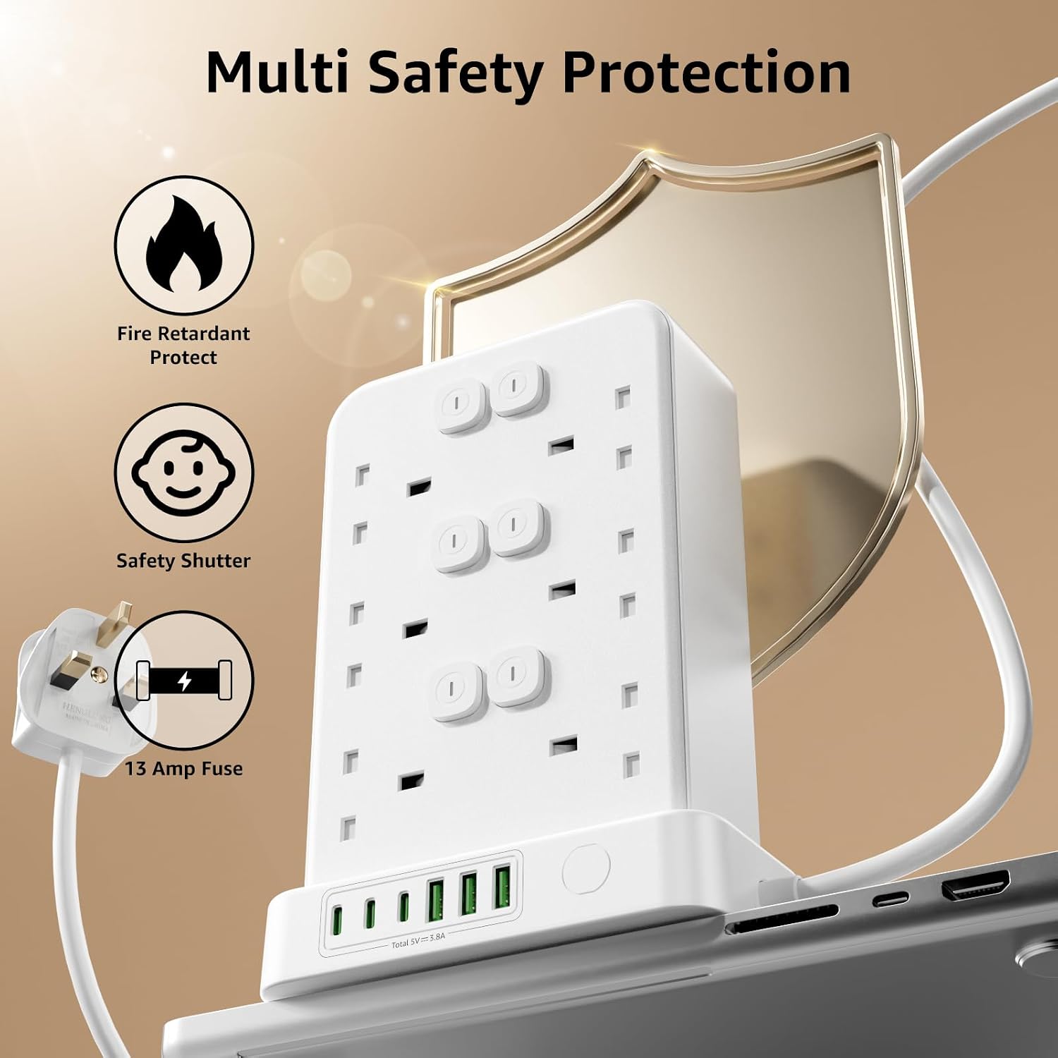 Thumbnail 4 de Tower Extension Lead with USB Slots: 12-Way, 2m UK Power Strip