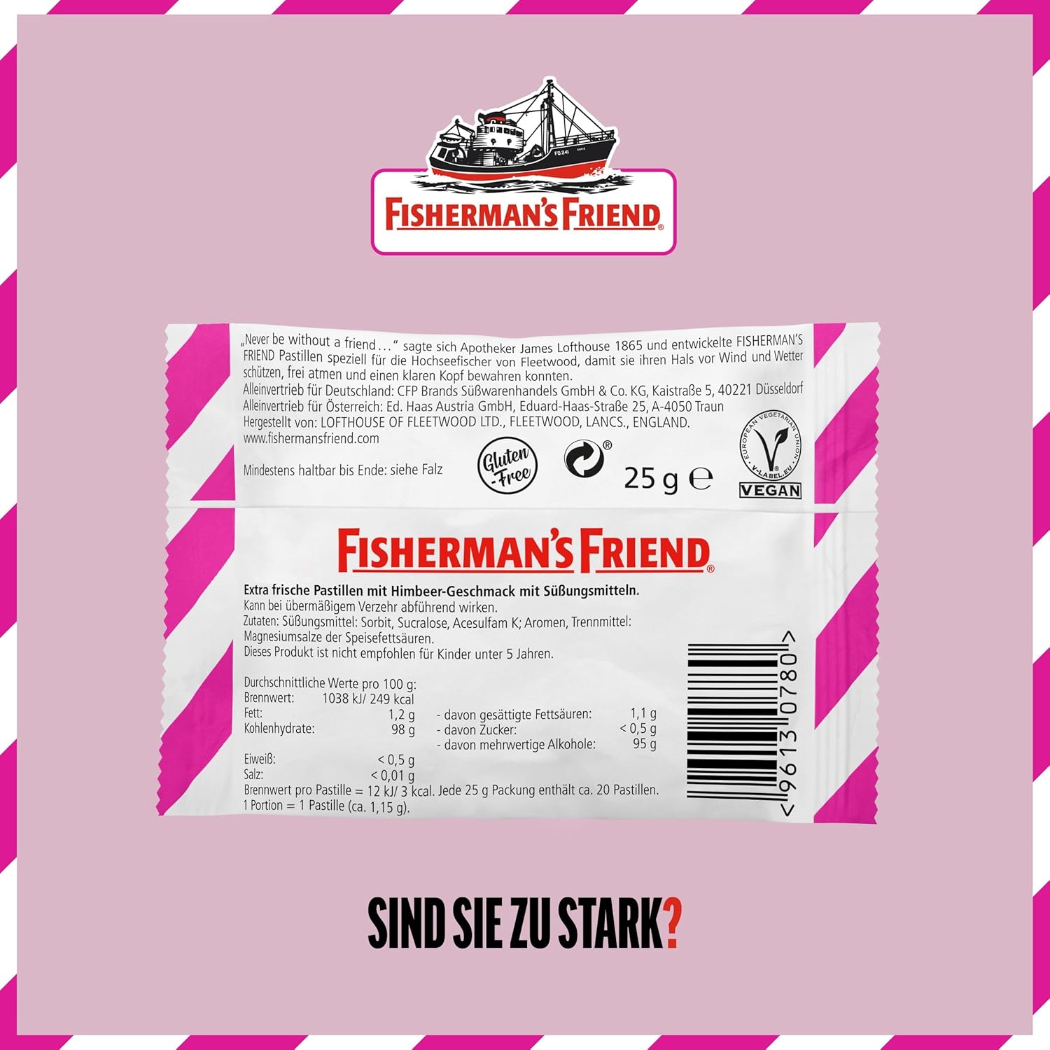 Detalle de Fisherman’s Friend Raspberry – Zuckerfrei, vegan und erfrischend stark im 24er Vorratsbox-Display
