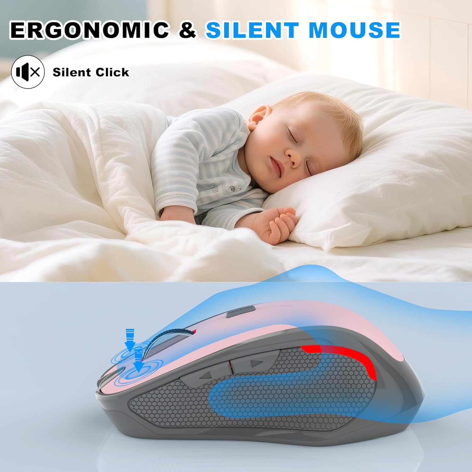 Thumbnail 6 de Azmall Ergonomische Silent-Funkmaus (2,4 GHz & Bluetooth) mit 3 DPI-Stufen und integriertem Mouse Jiggler – Hellrosa