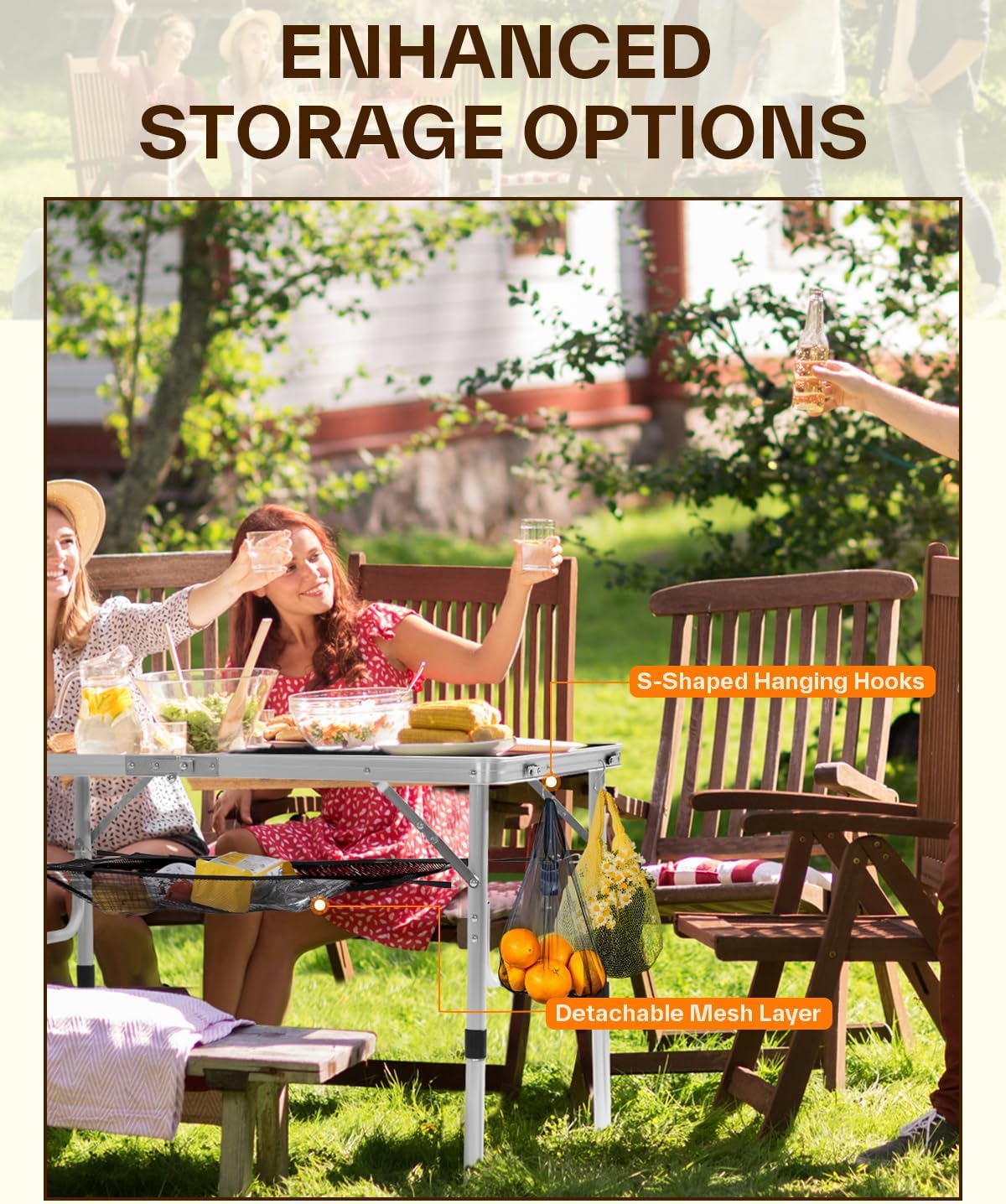 Detalle 2 de Sportneer Y21-80601-52 Folding Camping Table, Adjustable Height with Mesh Storage