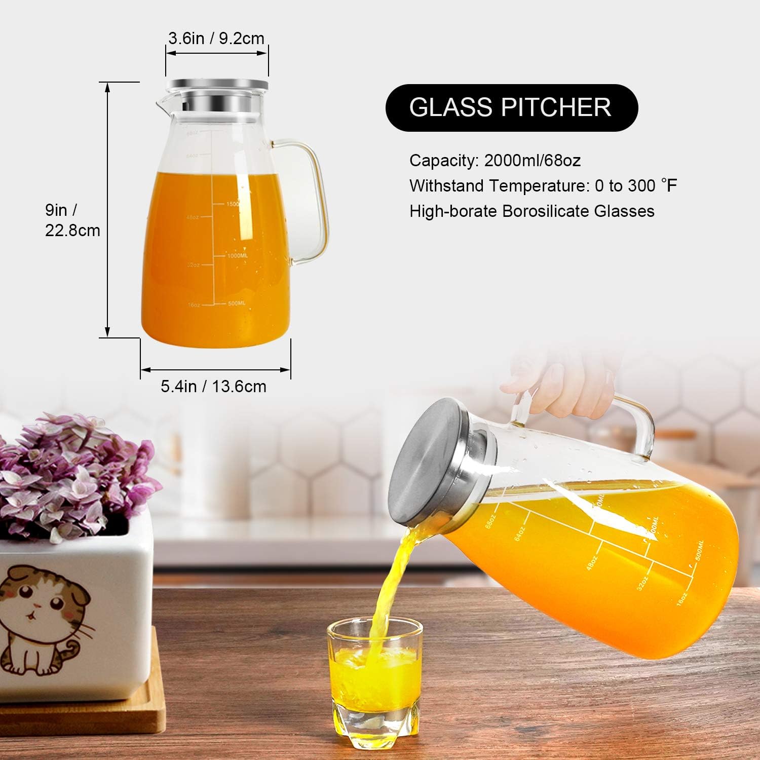 Thumbnail 6 de Aofmee AOGP68 2 L Borosilicate Glass Pitcher with Steel Lid and Scale