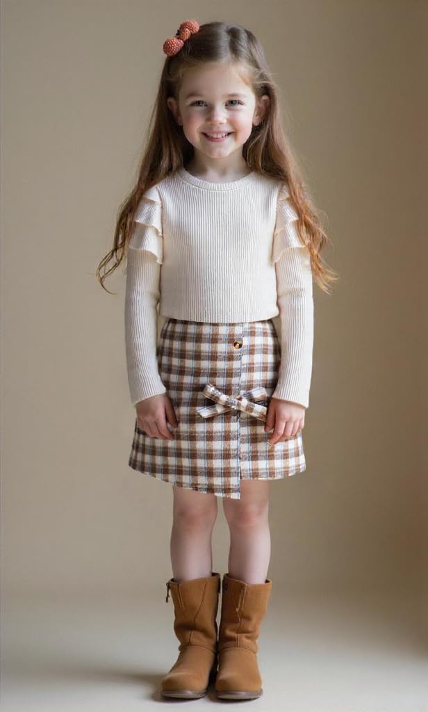 Thumbnail 1 de HPSOM girls’ 2-piece ruffle ribbed top and plaid skirt set (2–7Y)