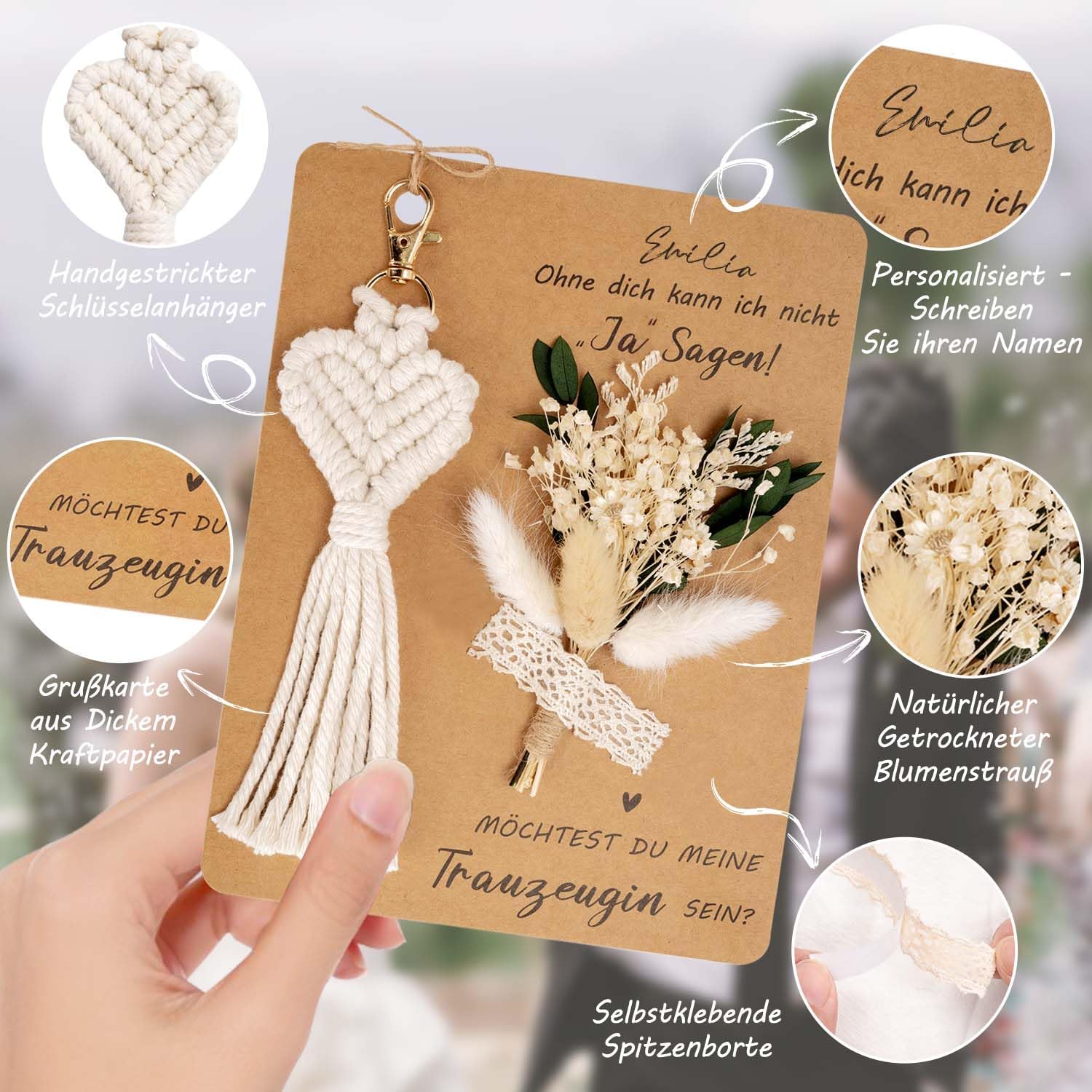 Detalle de KKSJK Trauzeugin Geschenk-Set: Karte, Trockenblumenstrauß & Makramee-Schlüsselanhänger