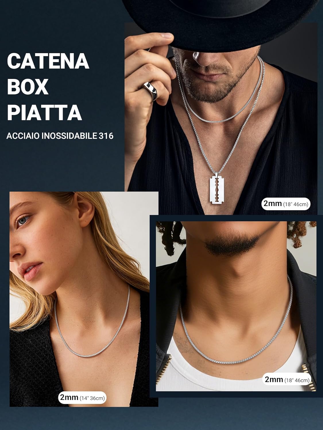 Thumbnail 2 de PROSTEEL Uomo Collana Catena Scatola Piatta Grande Robusta Sottile | 4/6 mm in acciaio inox 316L con opzioni argento, nero o oro 18K – confezione regalo