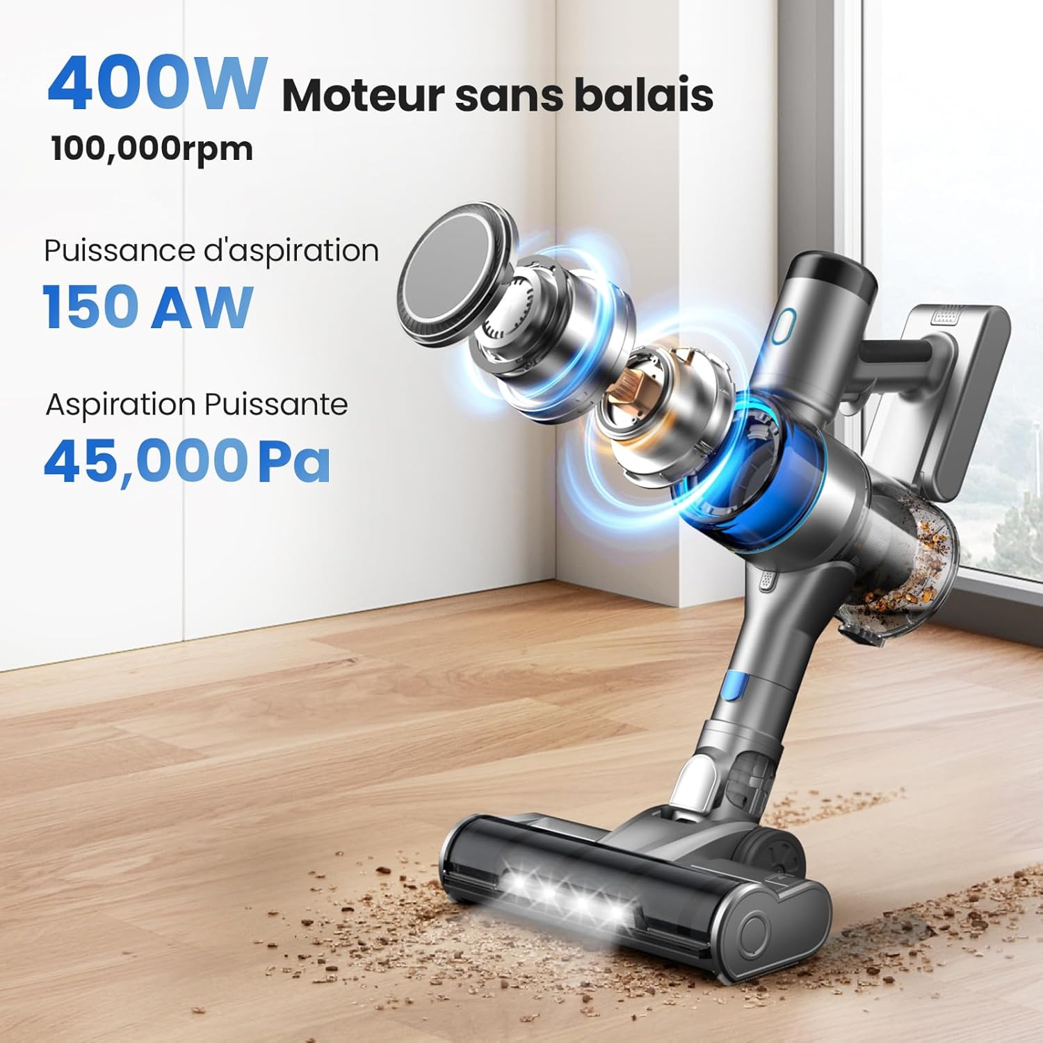 Thumbnail 2 de Aspirateur Balai Sans Fil 400W 45KPa avec Batterie Amovible et Écran LED – Nettoyage efficace pour tapis, sols et animaux