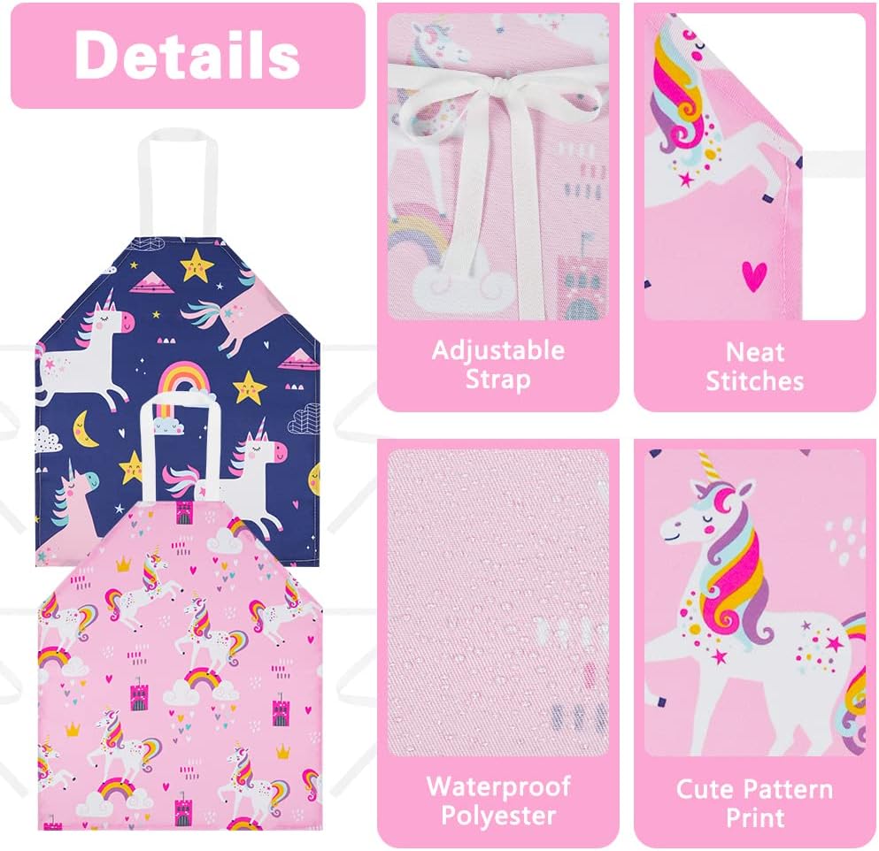Thumbnail 2 de HOTUT 2 Pcs Kids Unicorn Print Aprons – Adjustable Cartoon Style Chef Aprons for Children (Pink & Blue)