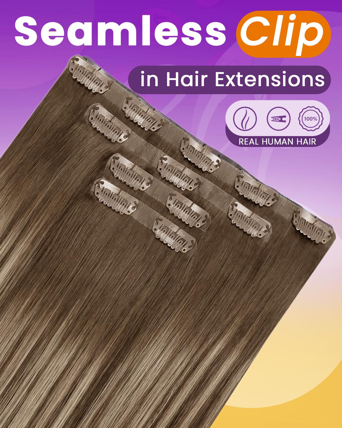 Detalle 2 de LaaVoo Clip-in Extensions Echthaar Glatt 40 cm (4 Clips, 80 g) #8/16/8 – Braun/Balayage
