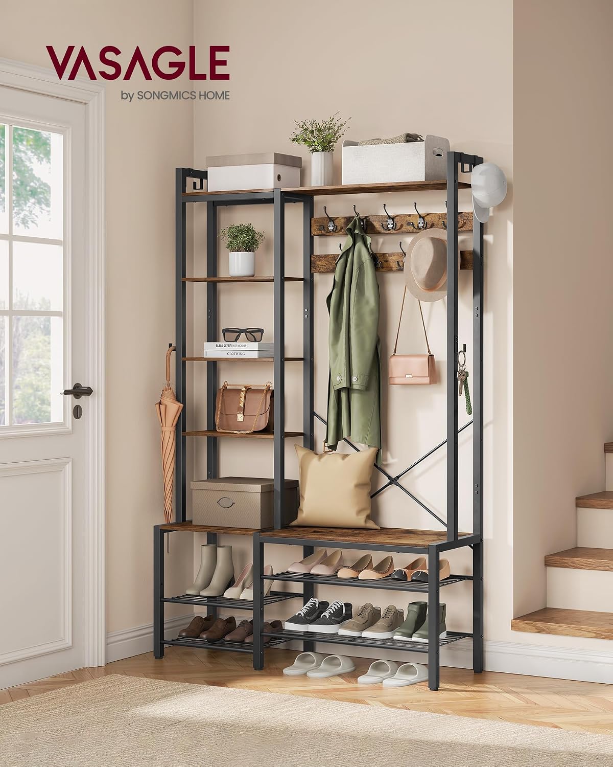 Detalle 2 de VASAGLE DACEY HSR426B01 kapstok met schoenenbank, 7 planken, 40 x 120 x 190 cm