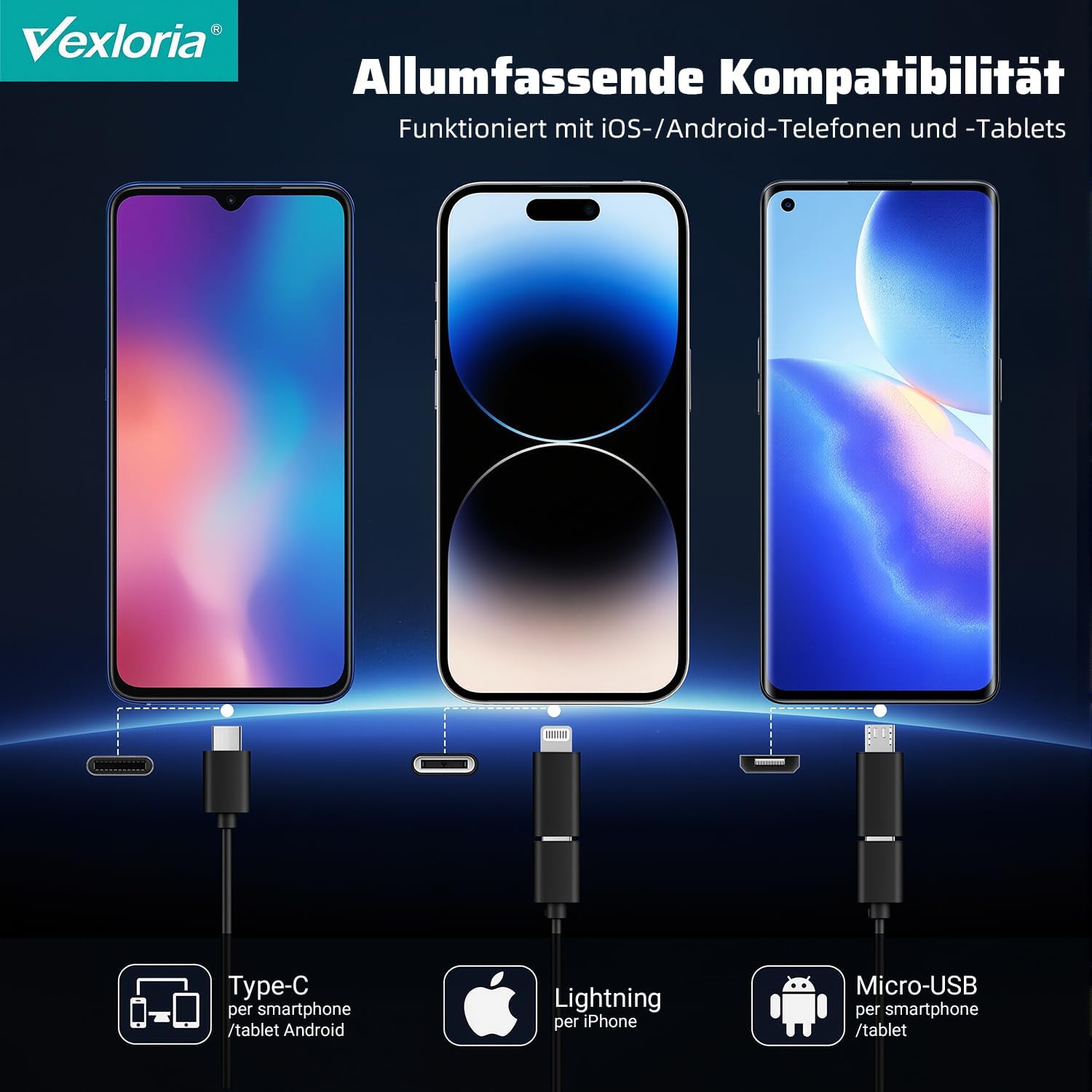 Detalle de Vexloria Endoscopio per Smartphone con doppia lente 1920P HD, IP68 e 8 LED