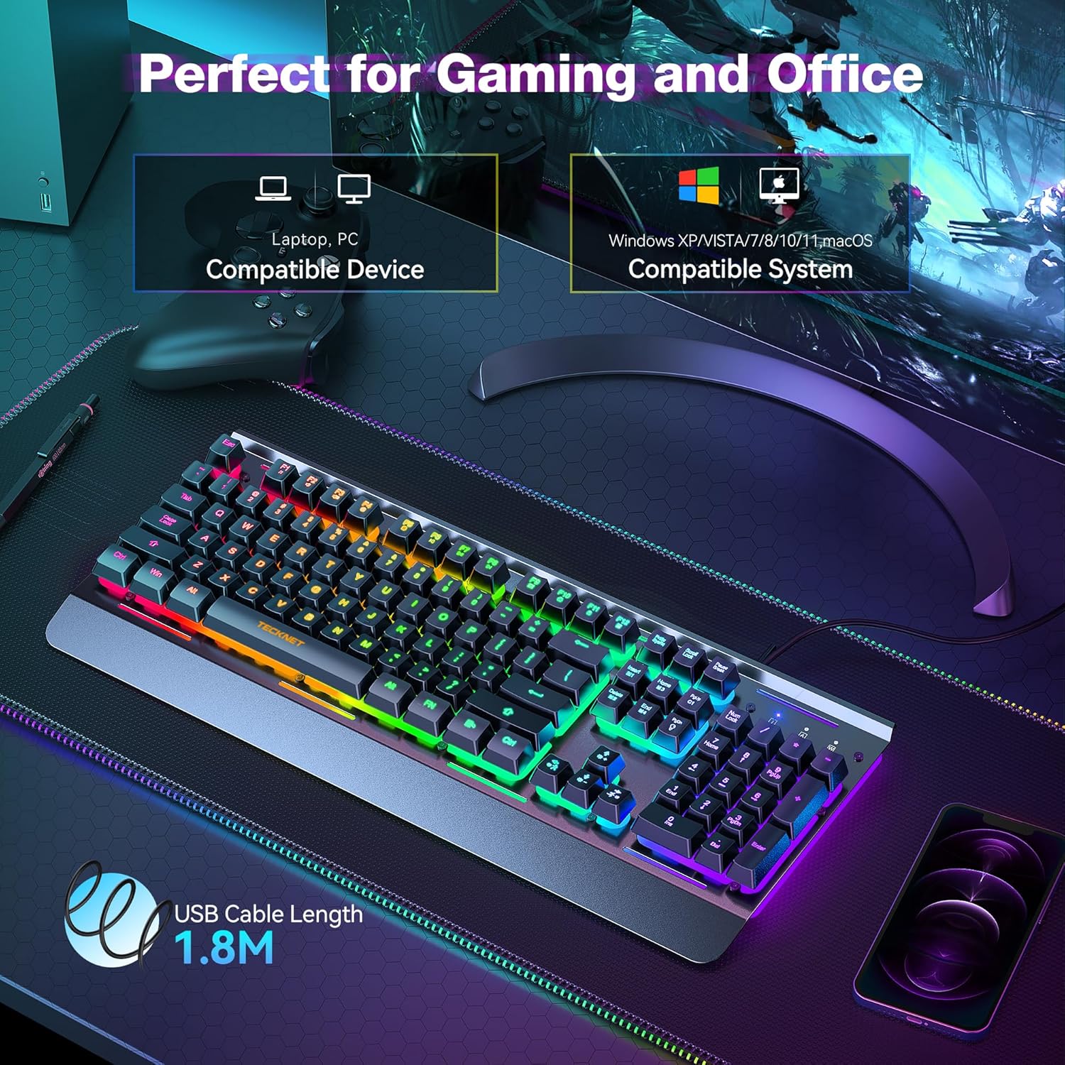 Thumbnail 4 de TECKNET Gaming Keyboard 15-zone RGB