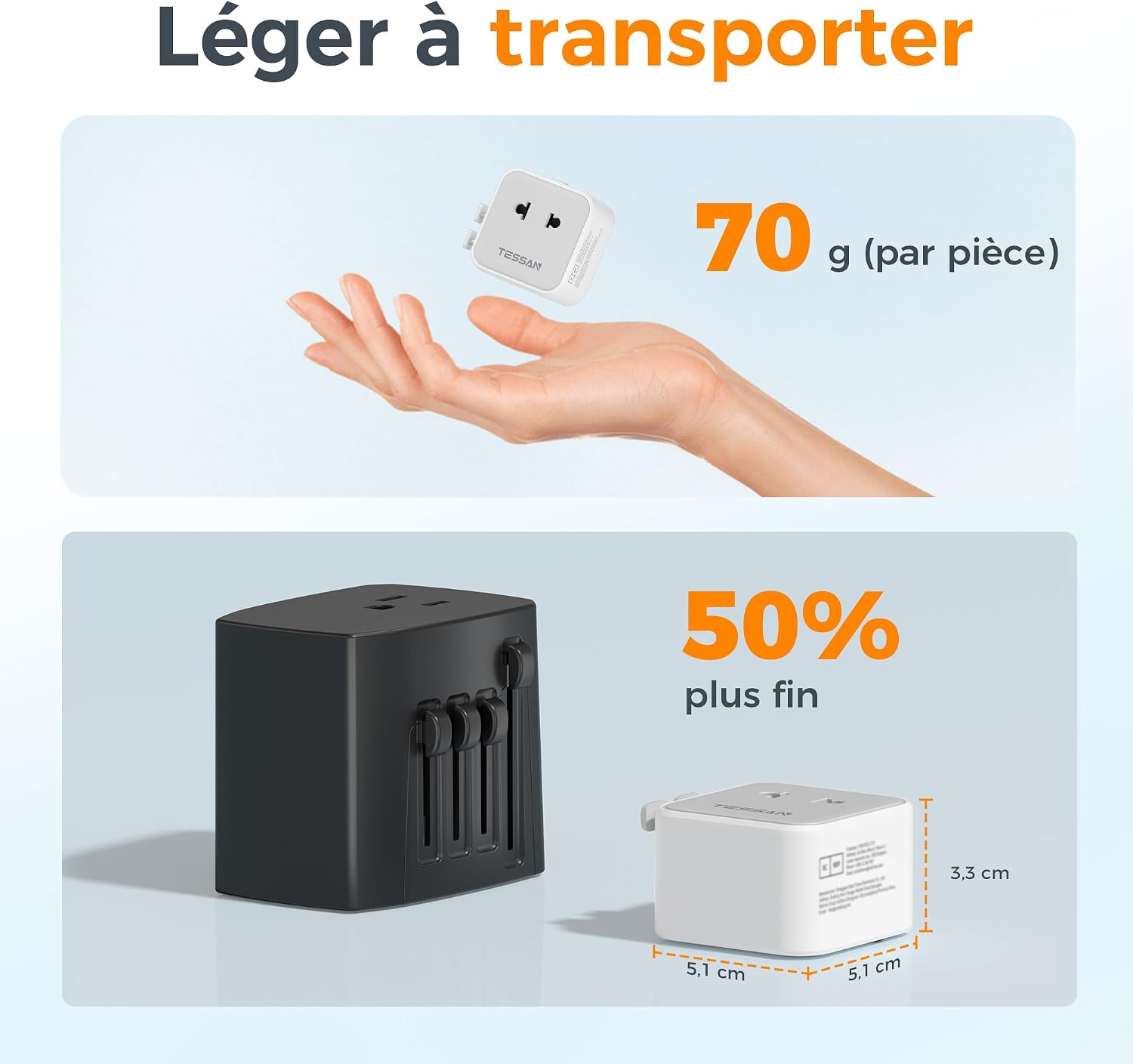 Detalle 2 de TESSAN Lot de 2 Adaptateur Prise Universelle – ultra fin, voyage sans souci