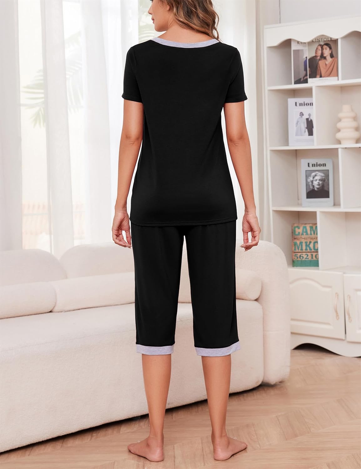 Thumbnail 2 de Actcat Damen-Schlafanzug Set mit V-Ausschnitt: Kurzarm-Top & 3/4 Hose