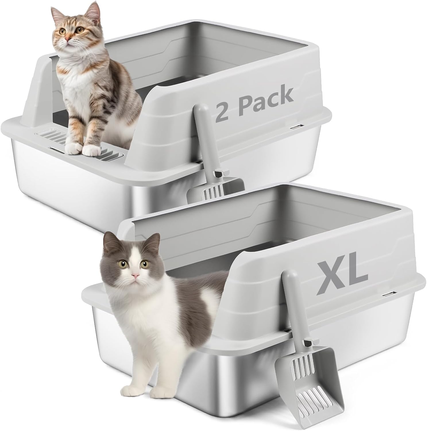 Bartuke 2er-Set Edelstahl Katzenklo XL mit hohen Wänden und Schaufel (hellgrau)