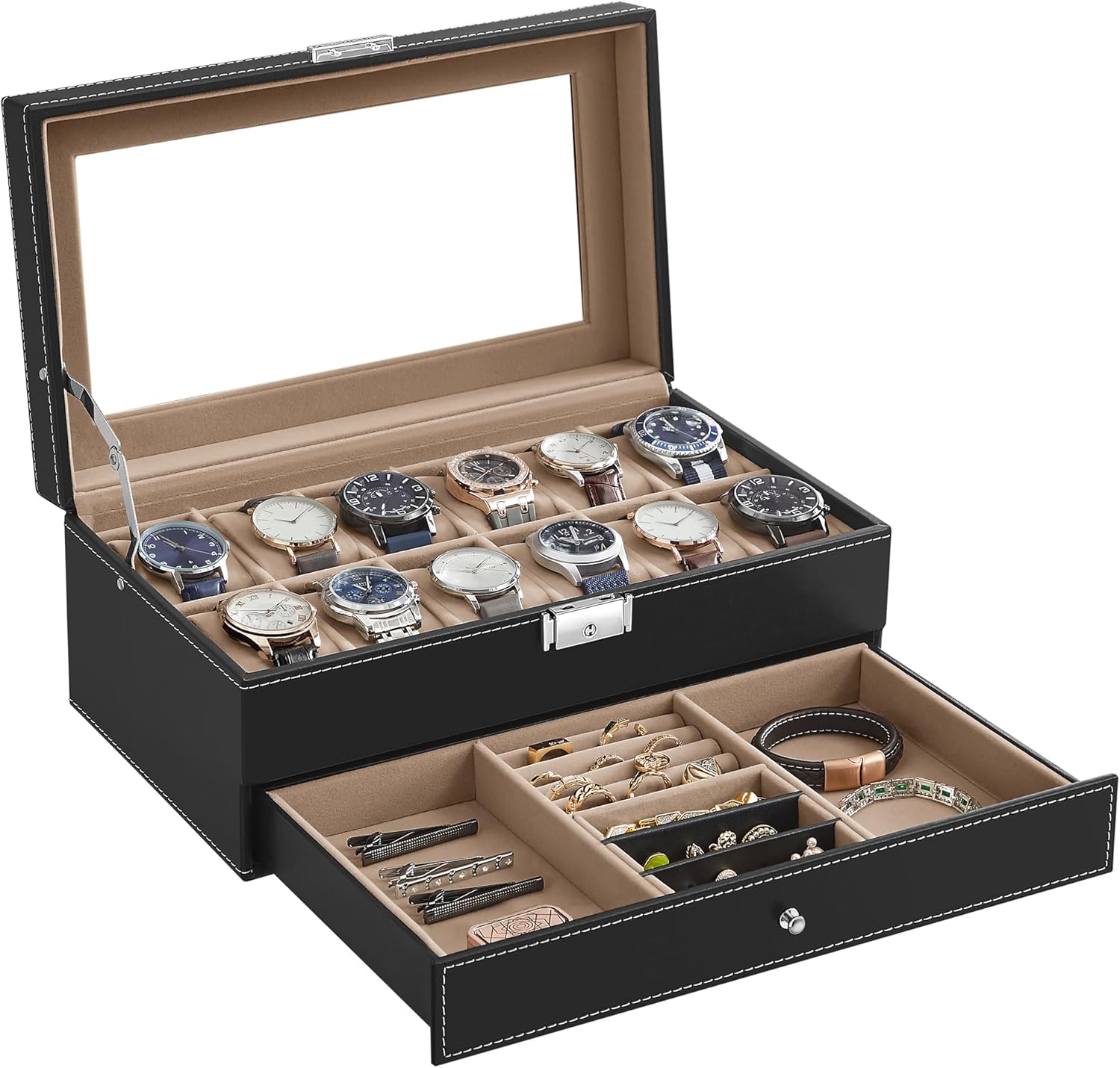 Imagen de SONGMICS Boîte à Montres JWB012 – Coffret à 2 niveaux, 12 montres, PU Noir, Doublure beige verdâtre, Verrouillable en OfertitasTOP