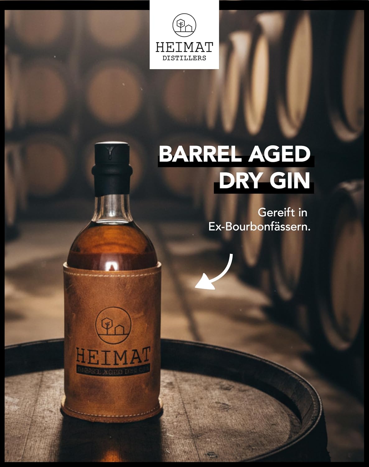 Thumbnail 1 de HEIMAT Barrel Aged Dry Gin 43% – 14 Monate im Ex-Bourbonfass gereift, Karamell & Vanille (500 ml)