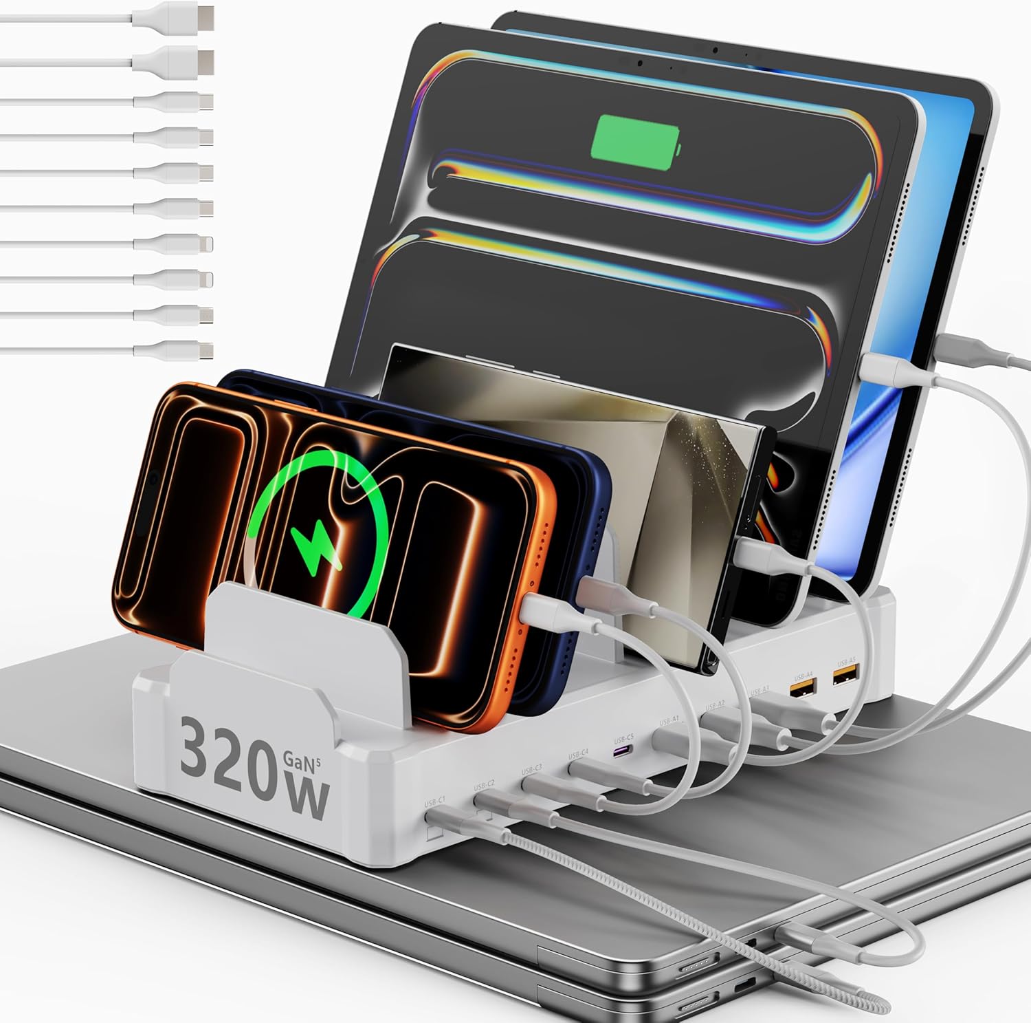 Detalle de 320W GaN 10-Port Charging Station with 10 Cables and Dual 65W PD