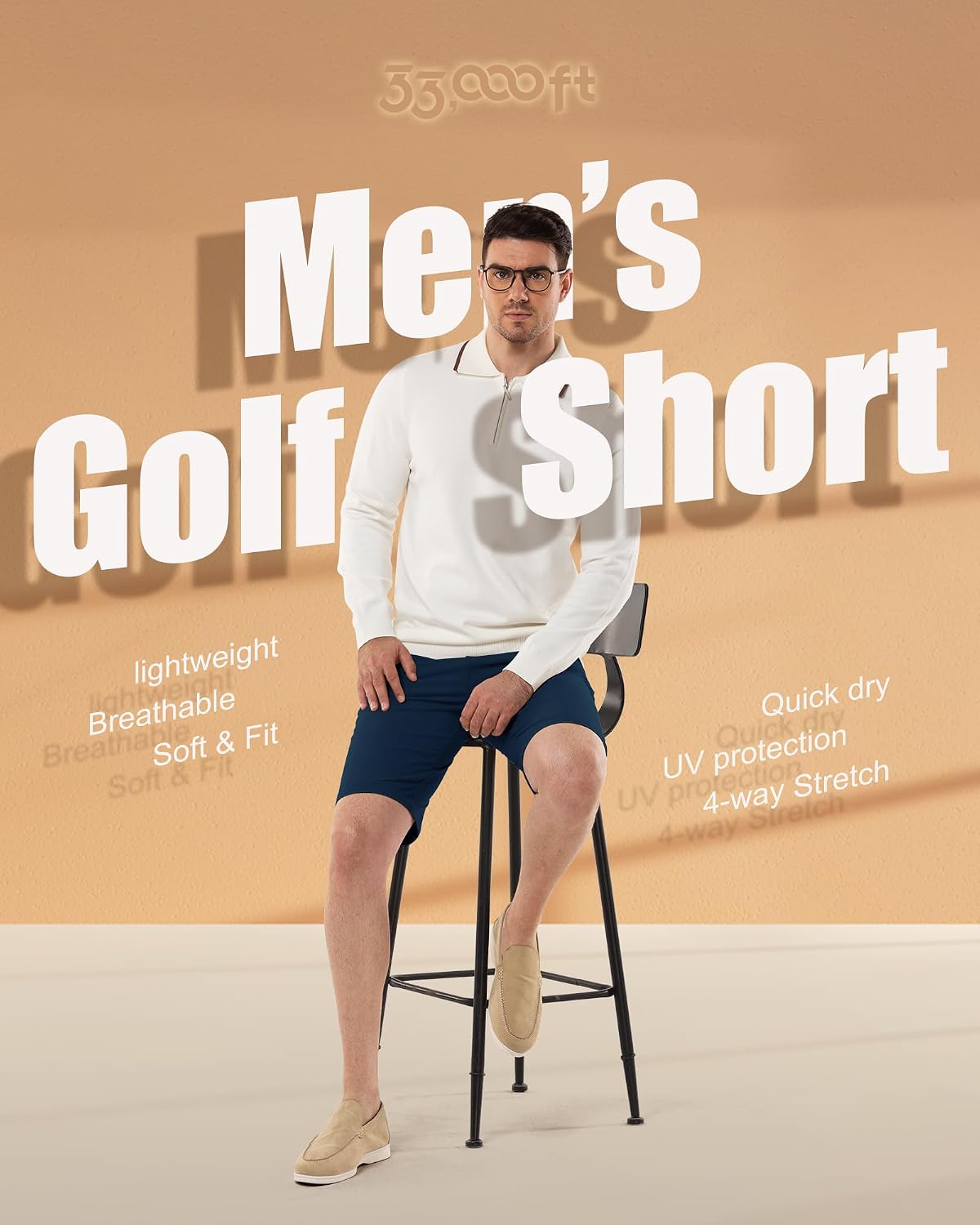 Detalle de 33,000ft Mens Golf Shorts UPF 50+ Stretch 10'' Cargo Bermuda – Water-Resistant for Golf, Hiking and Work