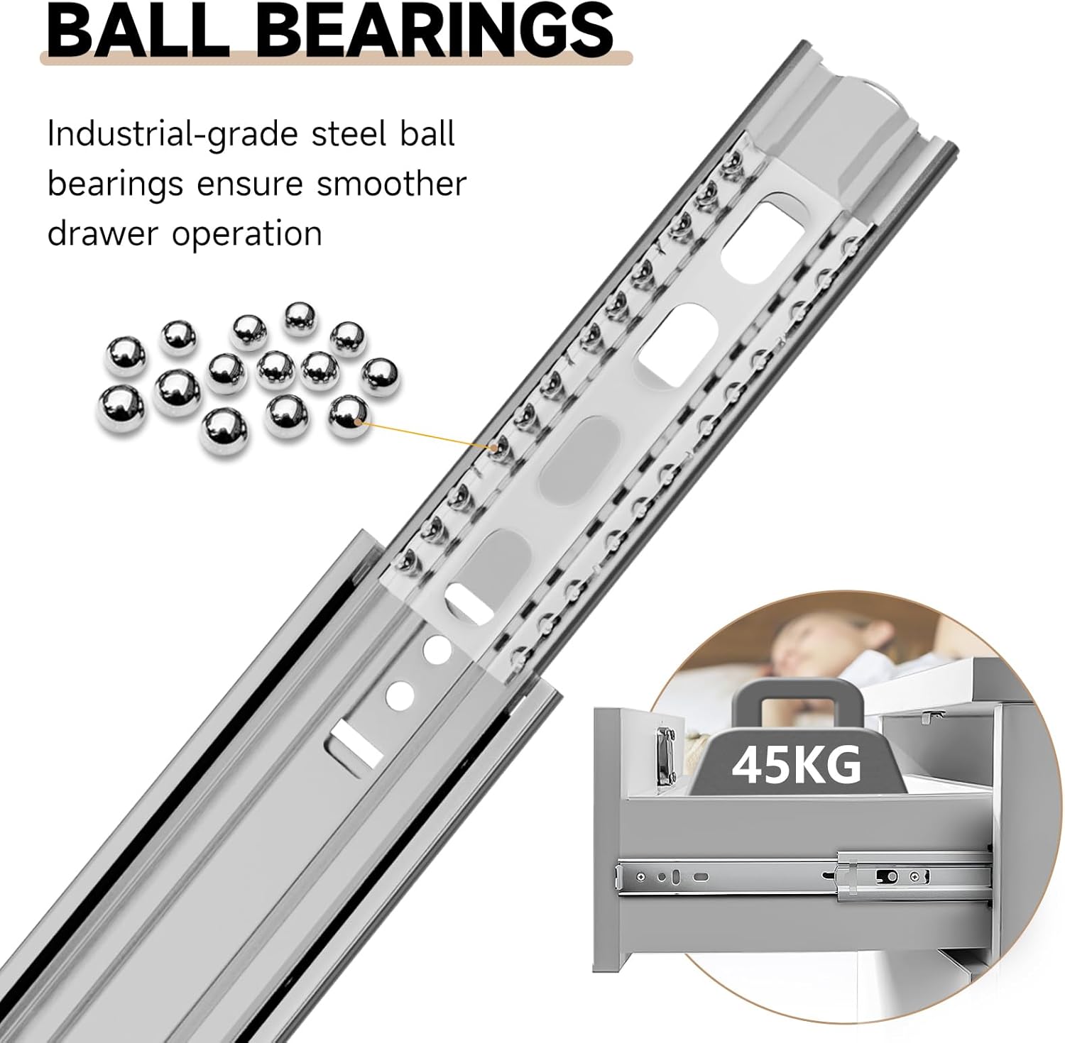 Thumbnail 4 de AOLISHENG Edelstahlschubladenschienen 250 mm Vollauszug – 45 kg Tragfähigkeit, 2 Stück