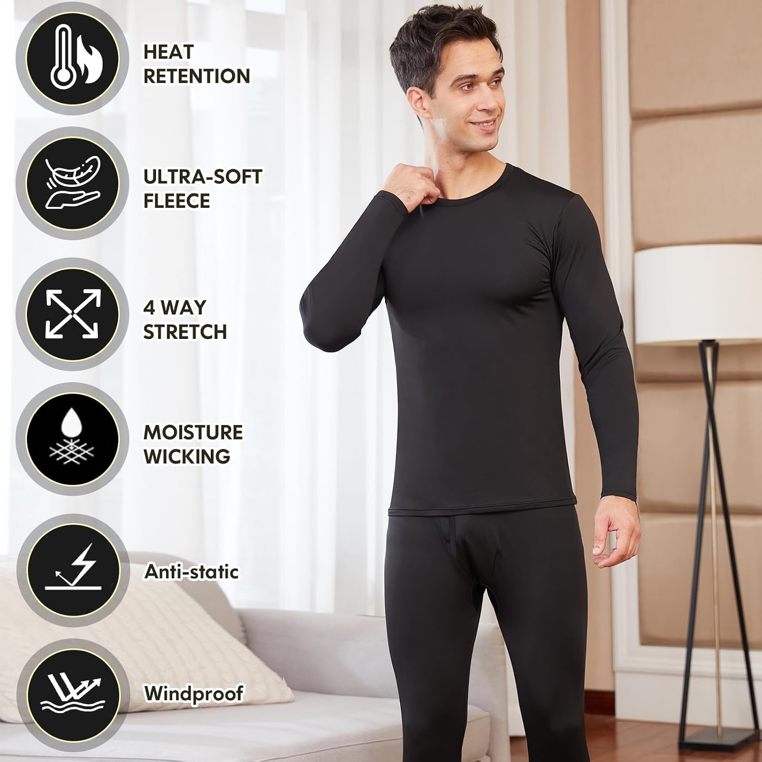 Detalle 2 de CL convallaria Men's Thermal Underwear Set fleece-lined base layer top and bottom 🩲