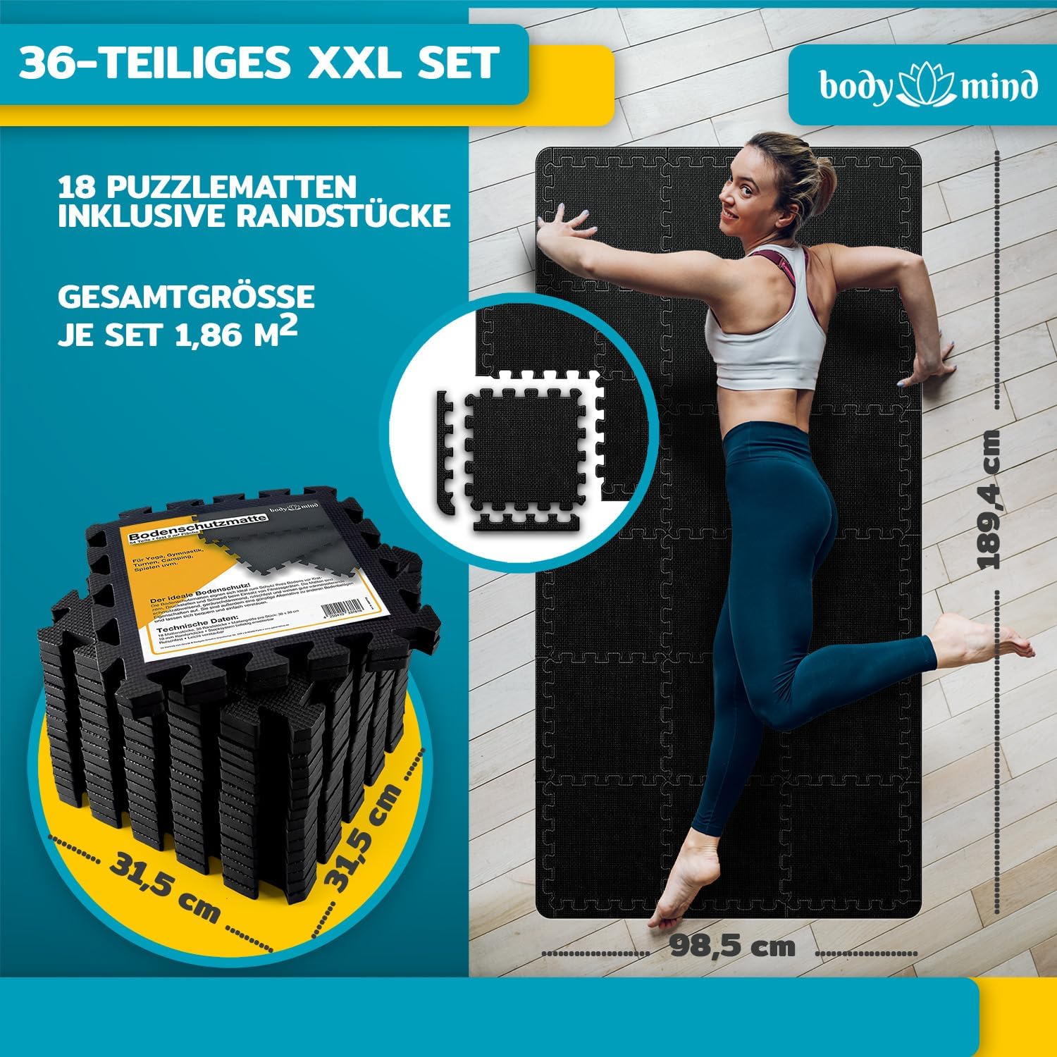 Thumbnail 2 de Body & Mind Boden-Schutzmatten XXL Set – Fitnessmatte Puzzle-Matte aus EVA (54-teilig, ca. 1,36 m²)