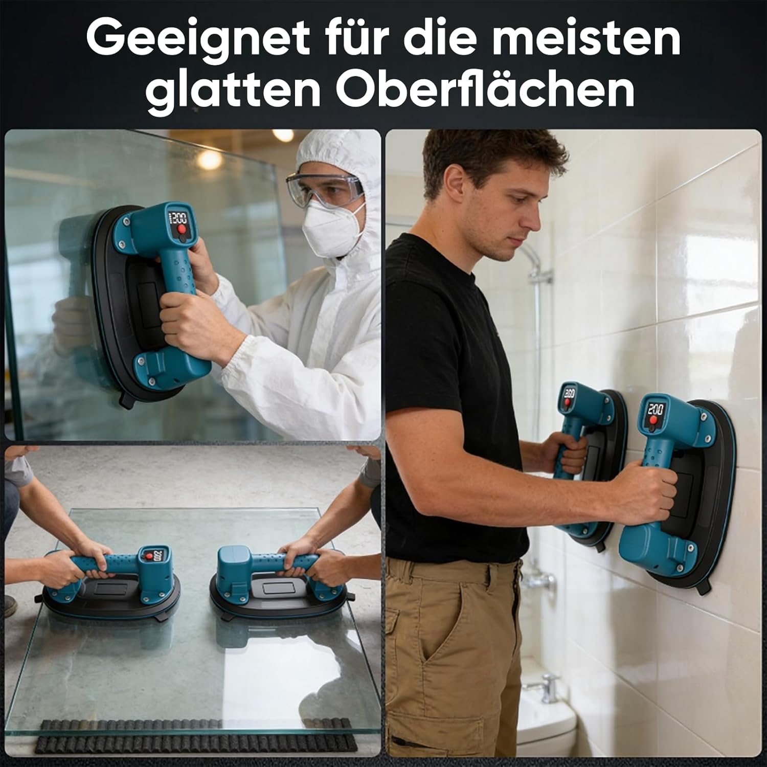 Thumbnail 6 de Akku Saugheber mit 300-kg-Tragkraft, LCD-Anzeige & 4.000-mAh-Akku (2er-Set, 10" Saugnäpfe)
