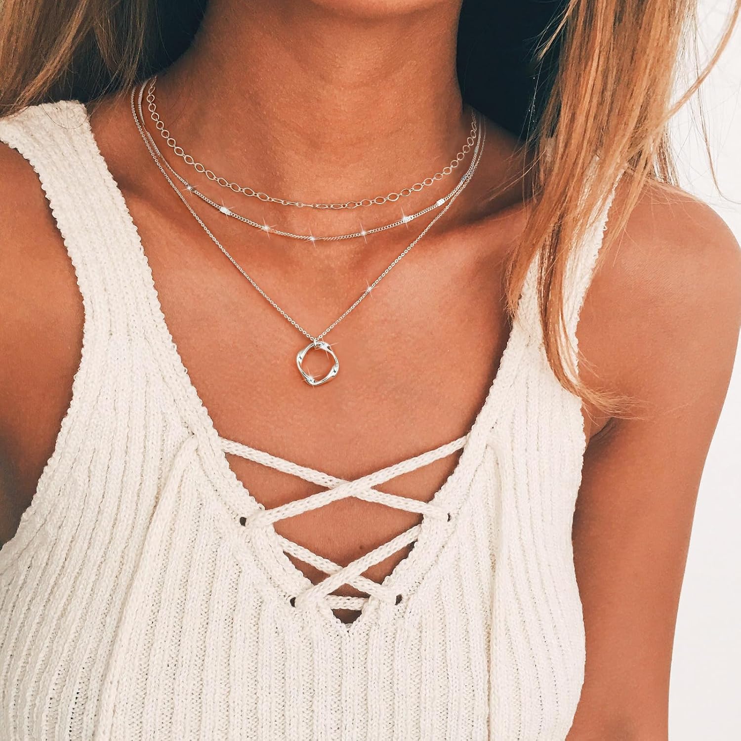 Detalle 2 de Meteorstarry Halsreif Damen Silber 925 Sterling – 3er Layering Set mit Anhängern